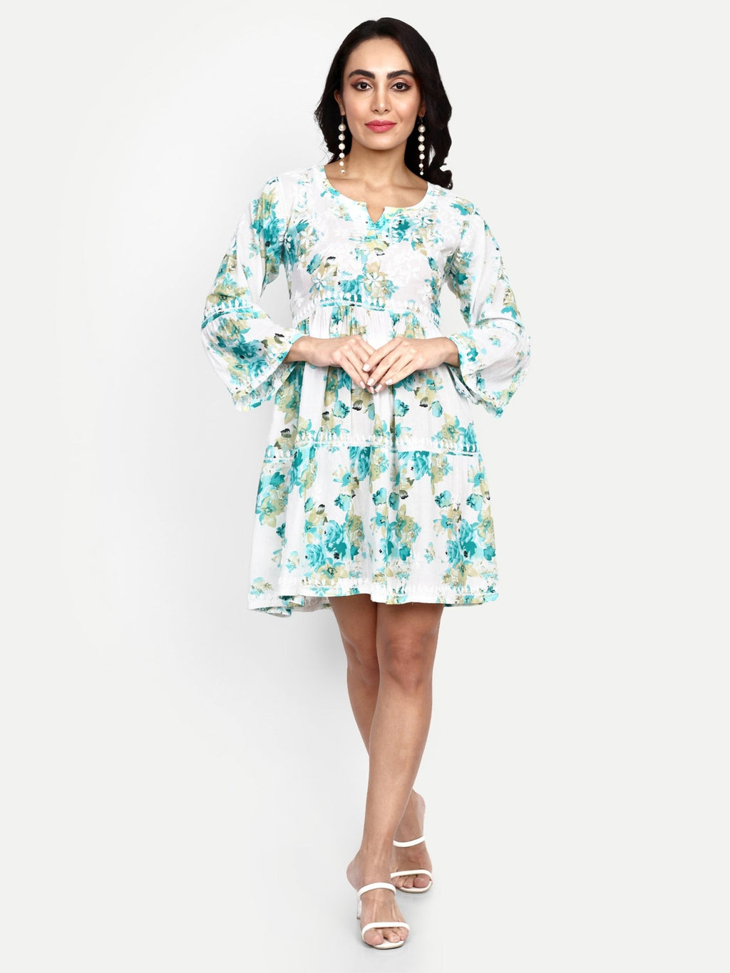 Lucknow Chikankari Hand Embroidered Tiered Kurta Mulmul Cotton - Indiankala4u