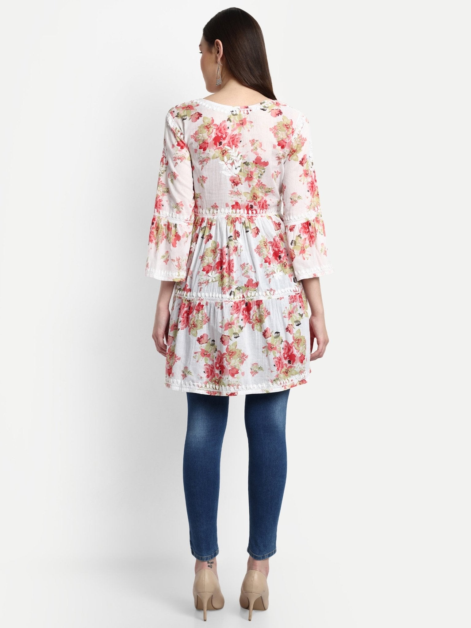 Lucknow Chikankari Hand Embroidered Tiered Kurta Mulmul Cotton - Indiankala4u