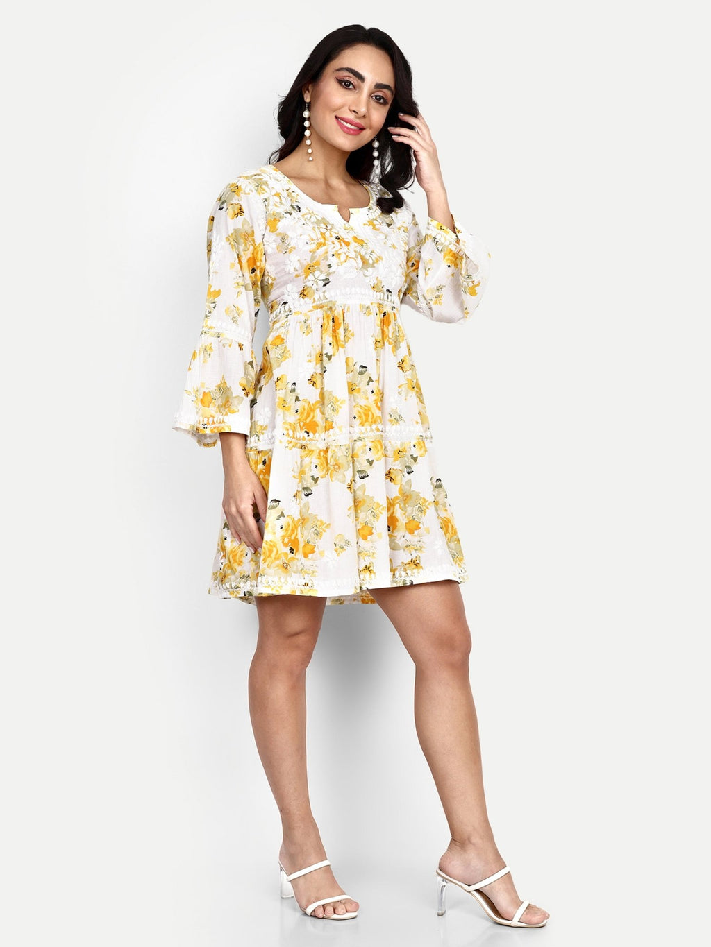 Lucknow Chikankari Hand Embroidered Tiered Kurta Mulmul Cotton - Indiankala4u