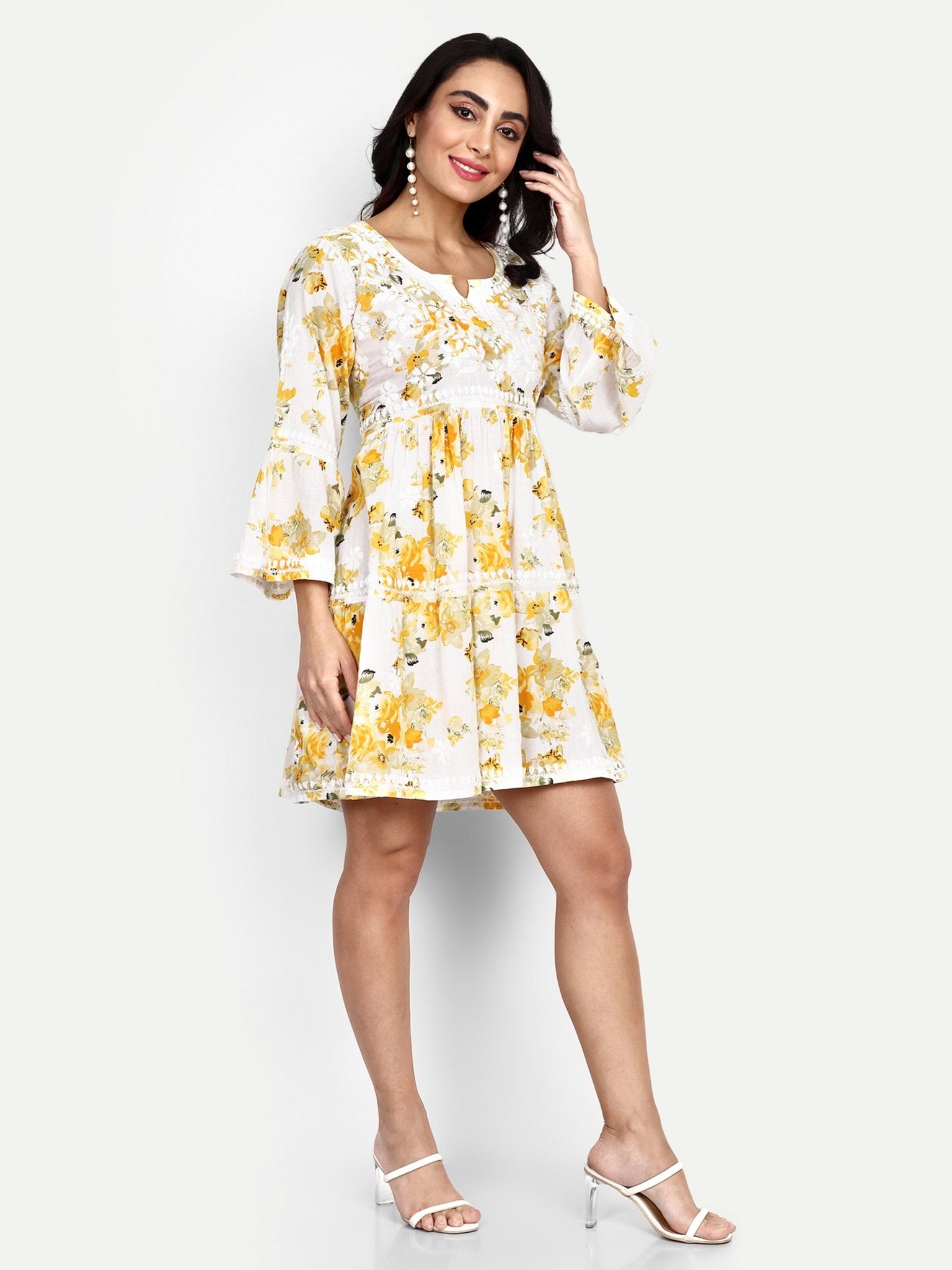 Lucknow Chikankari Hand Embroidered Tiered Kurta Mulmul Cotton - Indiankala4u