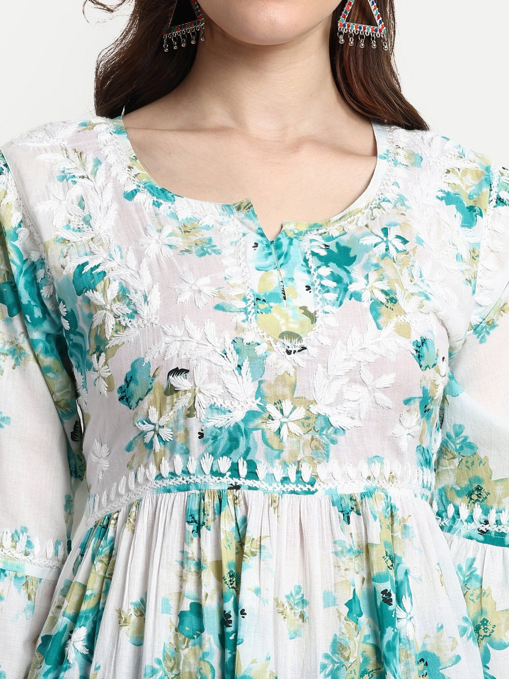 Lucknow Chikankari Hand Embroidered Tiered Kurta Mulmul Cotton - Indiankala4u