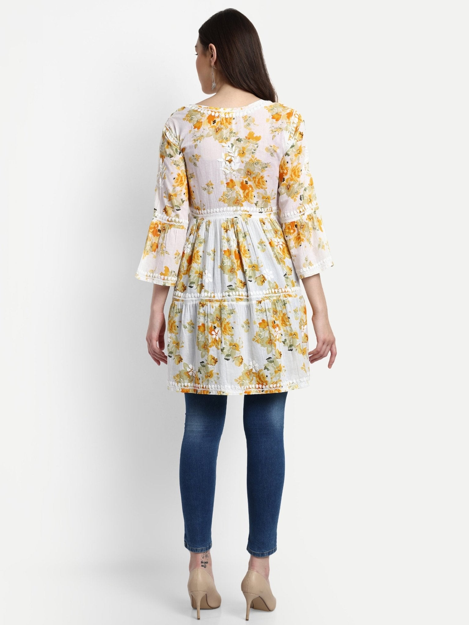 Lucknow Chikankari Hand Embroidered Tiered Kurta Mulmul Cotton - Indiankala4u