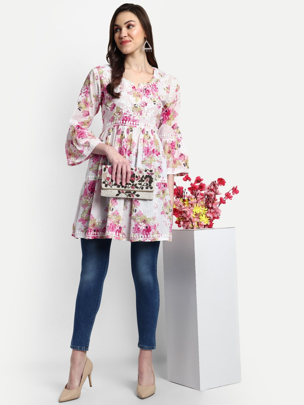 Lucknow Chikankari Hand Embroidered Tiered Kurta Mulmul Cotton - Indiankala4u