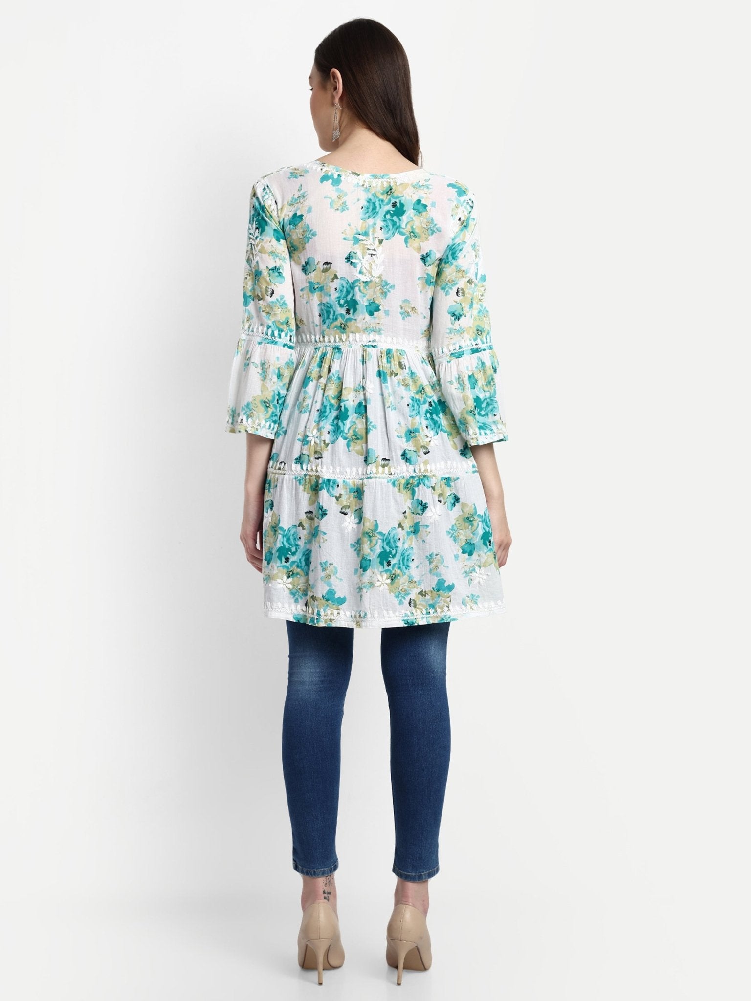 Lucknow Chikankari Hand Embroidered Tiered Kurta Mulmul Cotton - Indiankala4u