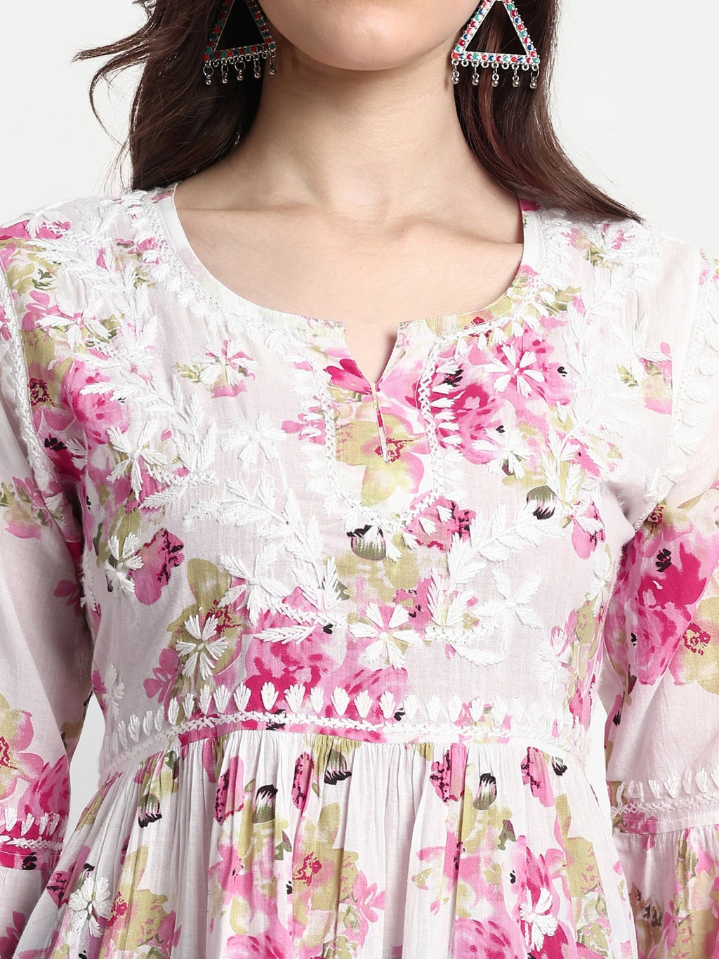 Lucknow Chikankari Hand Embroidered Tiered Kurta Mulmul Cotton - Indiankala4u