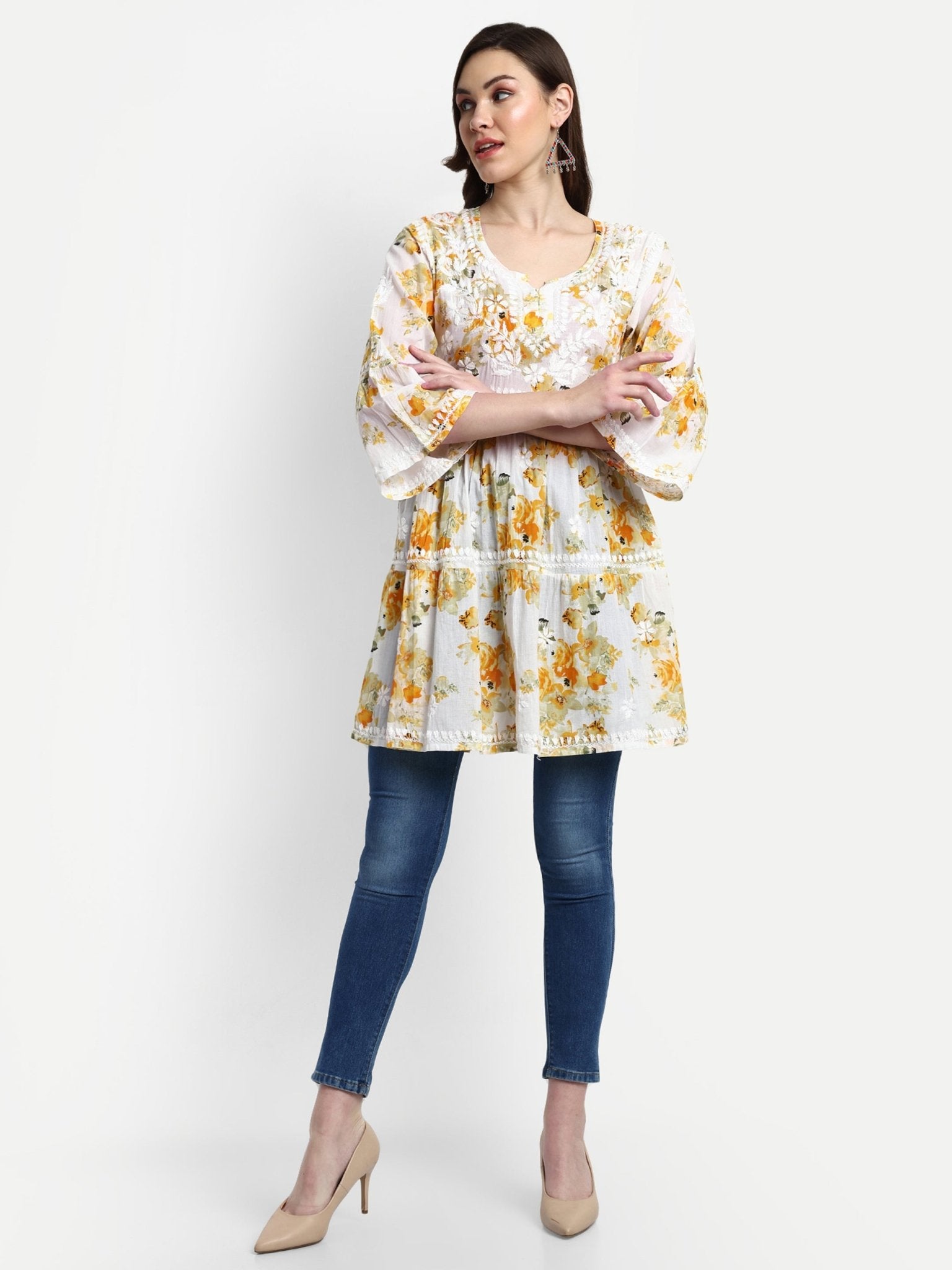 Lucknow Chikankari Hand Embroidered Tiered Kurta Mulmul Cotton - Indiankala4u