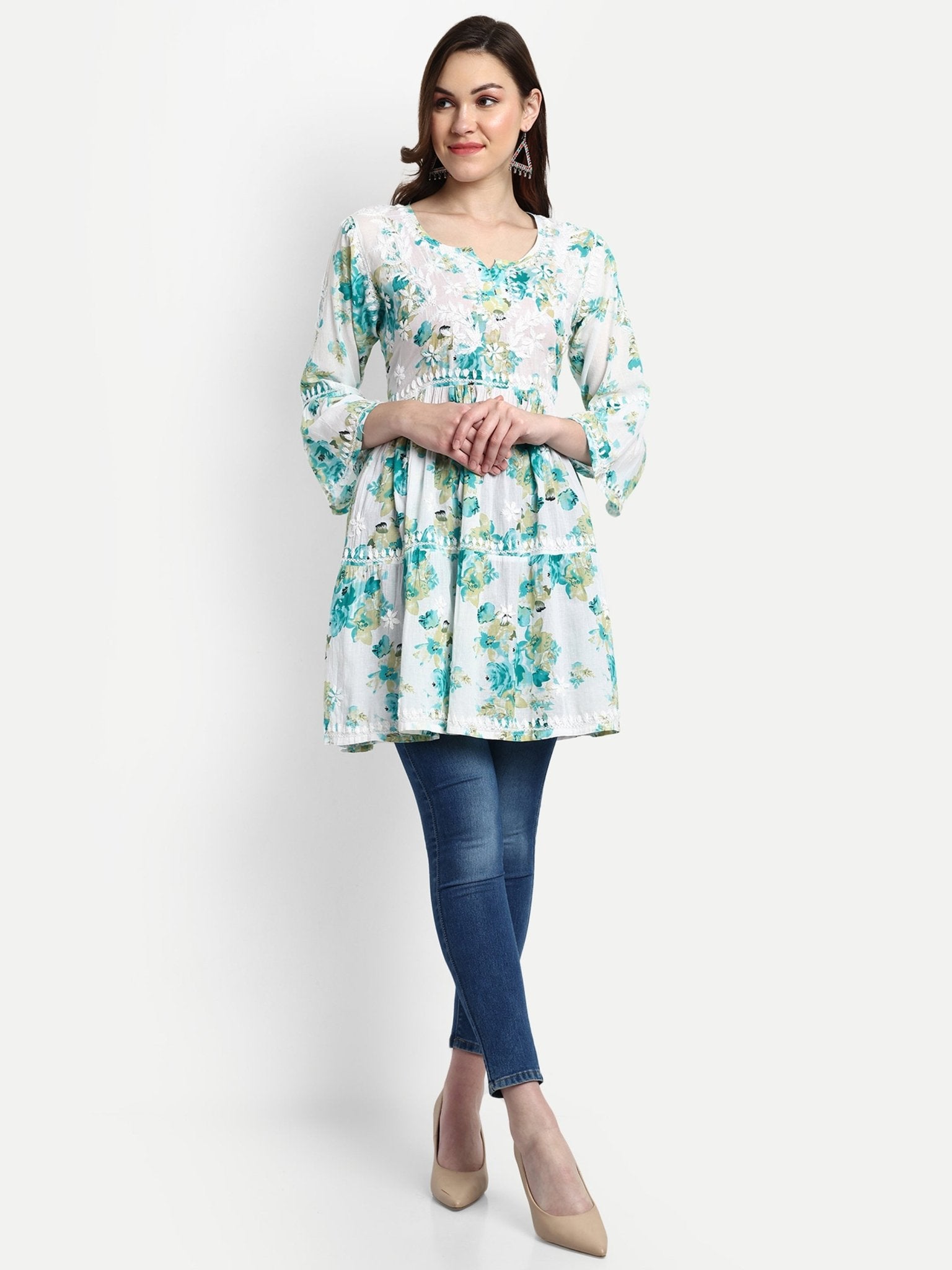 Lucknow Chikankari Hand Embroidered Tiered Kurta Mulmul Cotton - Indiankala4u