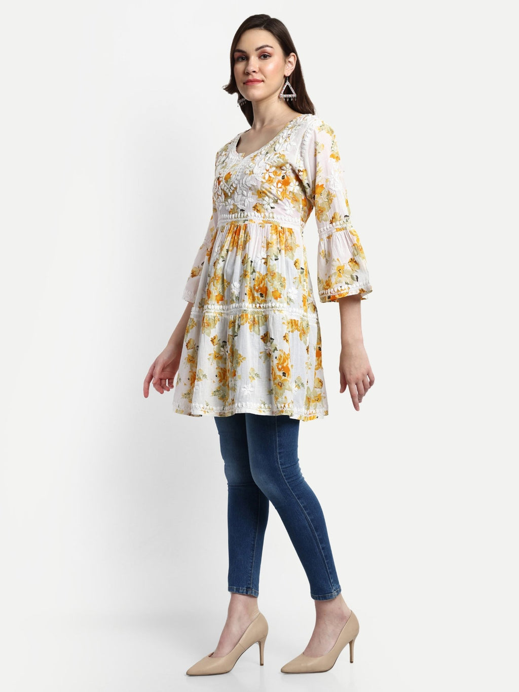 Lucknow Chikankari Hand Embroidered Tiered Kurta Mulmul Cotton - Indiankala4u