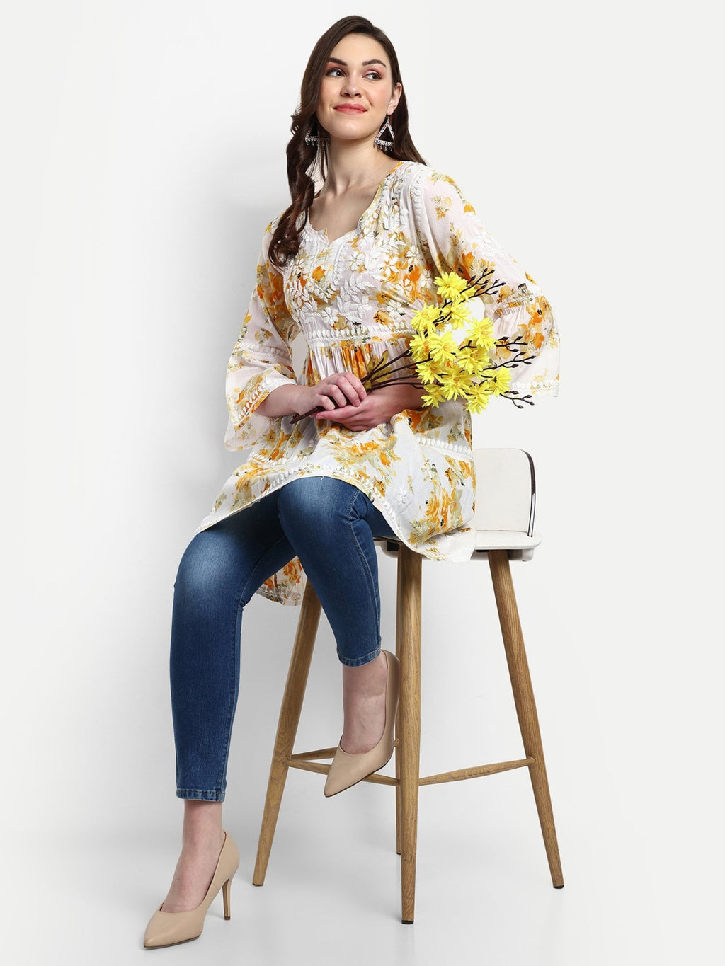 Lucknow Chikankari Hand Embroidered Tiered Kurta Mulmul Cotton - Indiankala4u