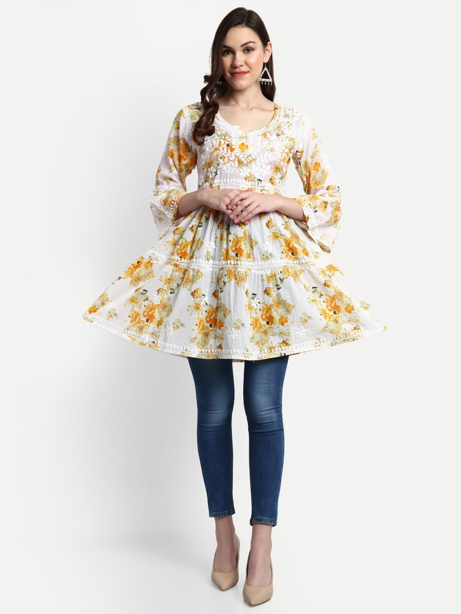 Lucknow Chikankari Hand Embroidered Tiered Kurta Mulmul Cotton - Indiankala4u