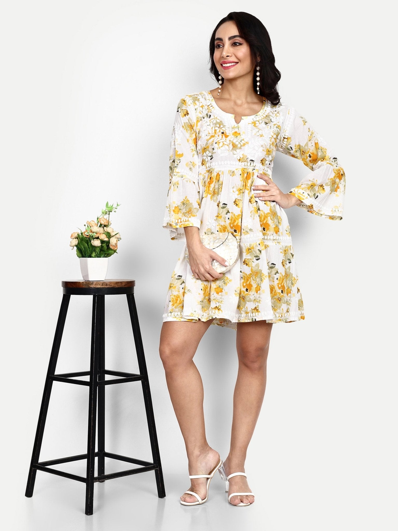 Lucknow Chikankari Hand Embroidered Tiered Kurta Mulmul Cotton - Indiankala4u