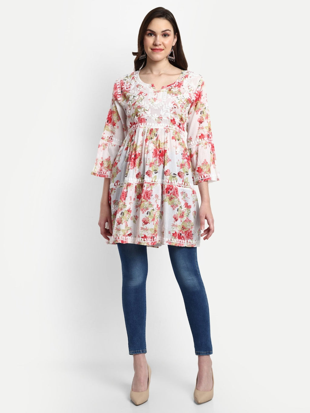 Lucknow Chikankari Hand Embroidered Tiered Kurta Mulmul Cotton - Indiankala4u