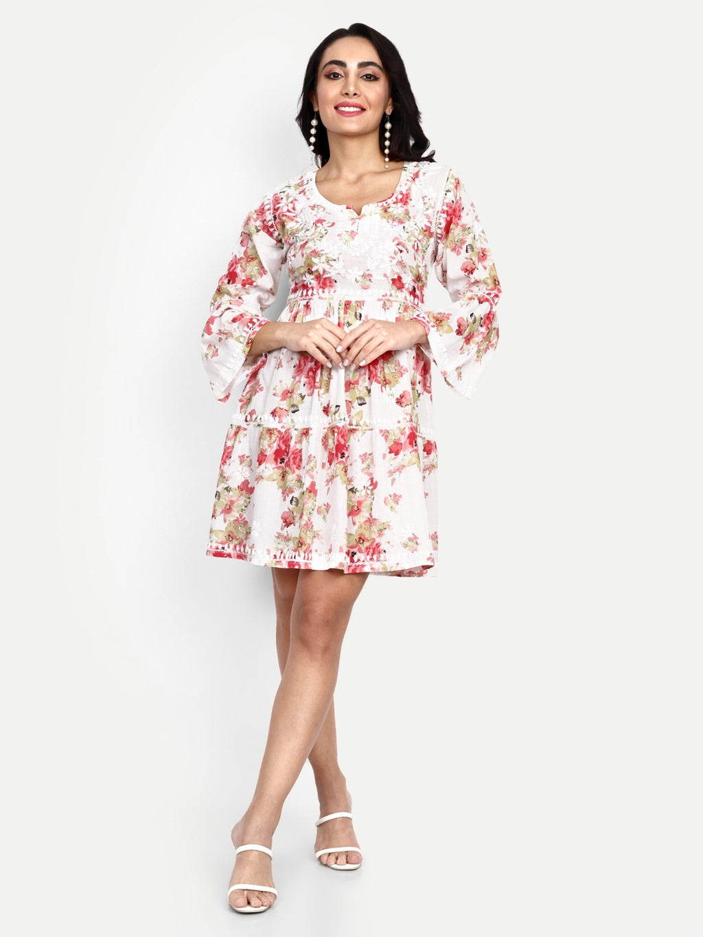 Lucknow Chikankari Hand Embroidered Tiered Kurta Mulmul Cotton - Indiankala4u