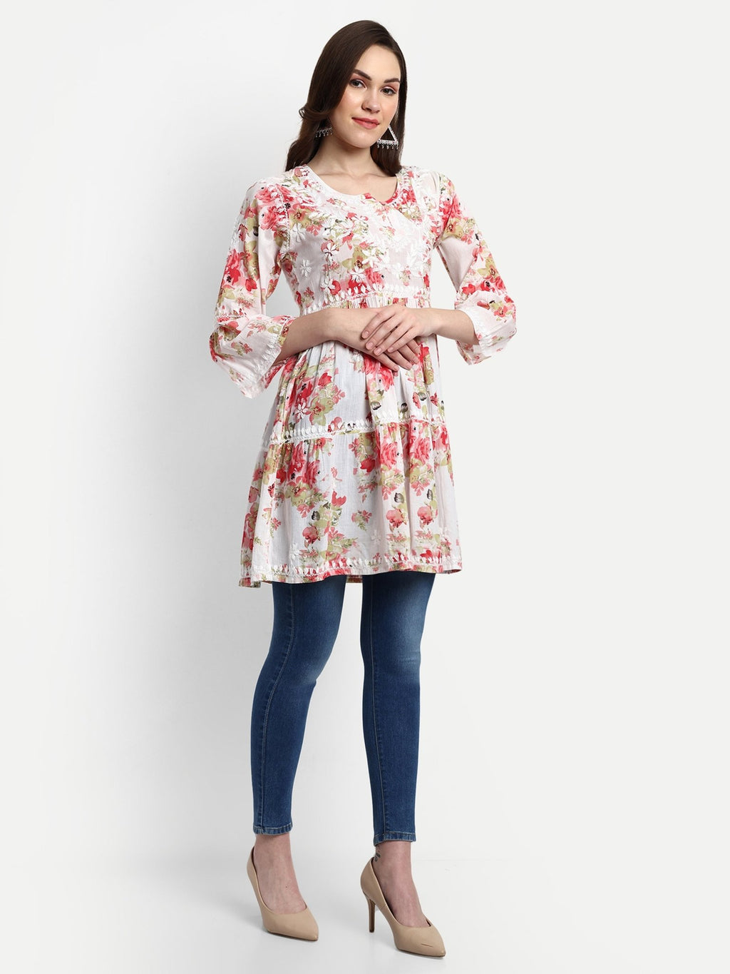 Lucknow Chikankari Hand Embroidered Tiered Kurta Mulmul Cotton - Indiankala4u