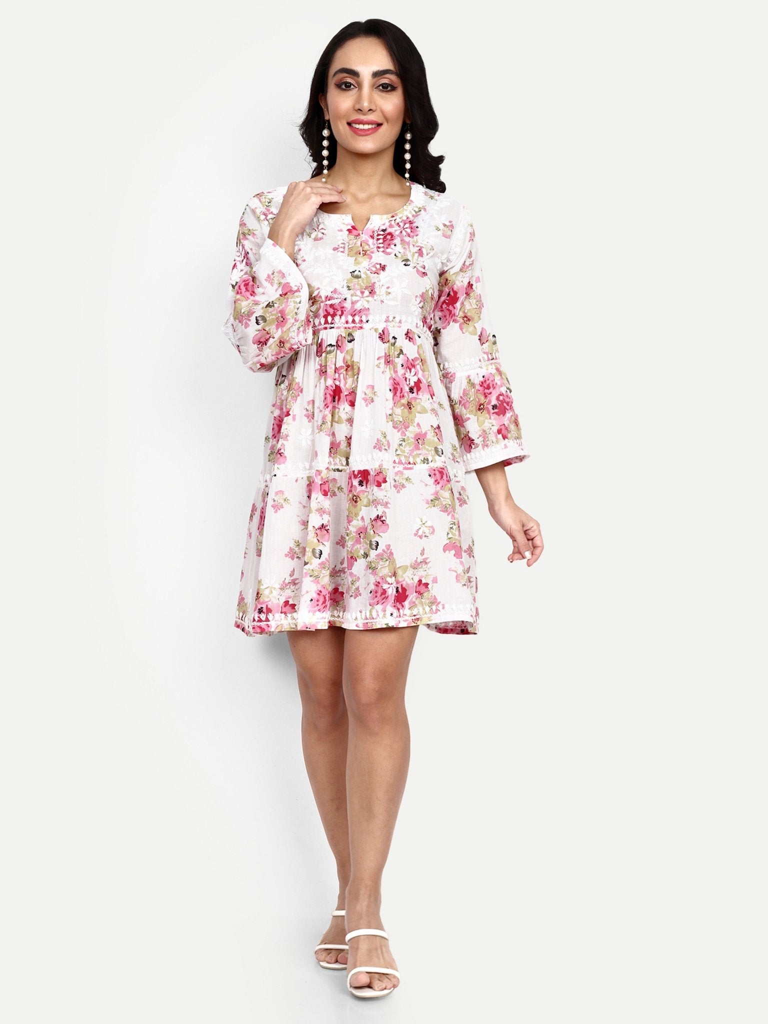 Lucknow Chikankari Hand Embroidered Tiered Kurta Mulmul Cotton - Indiankala4u