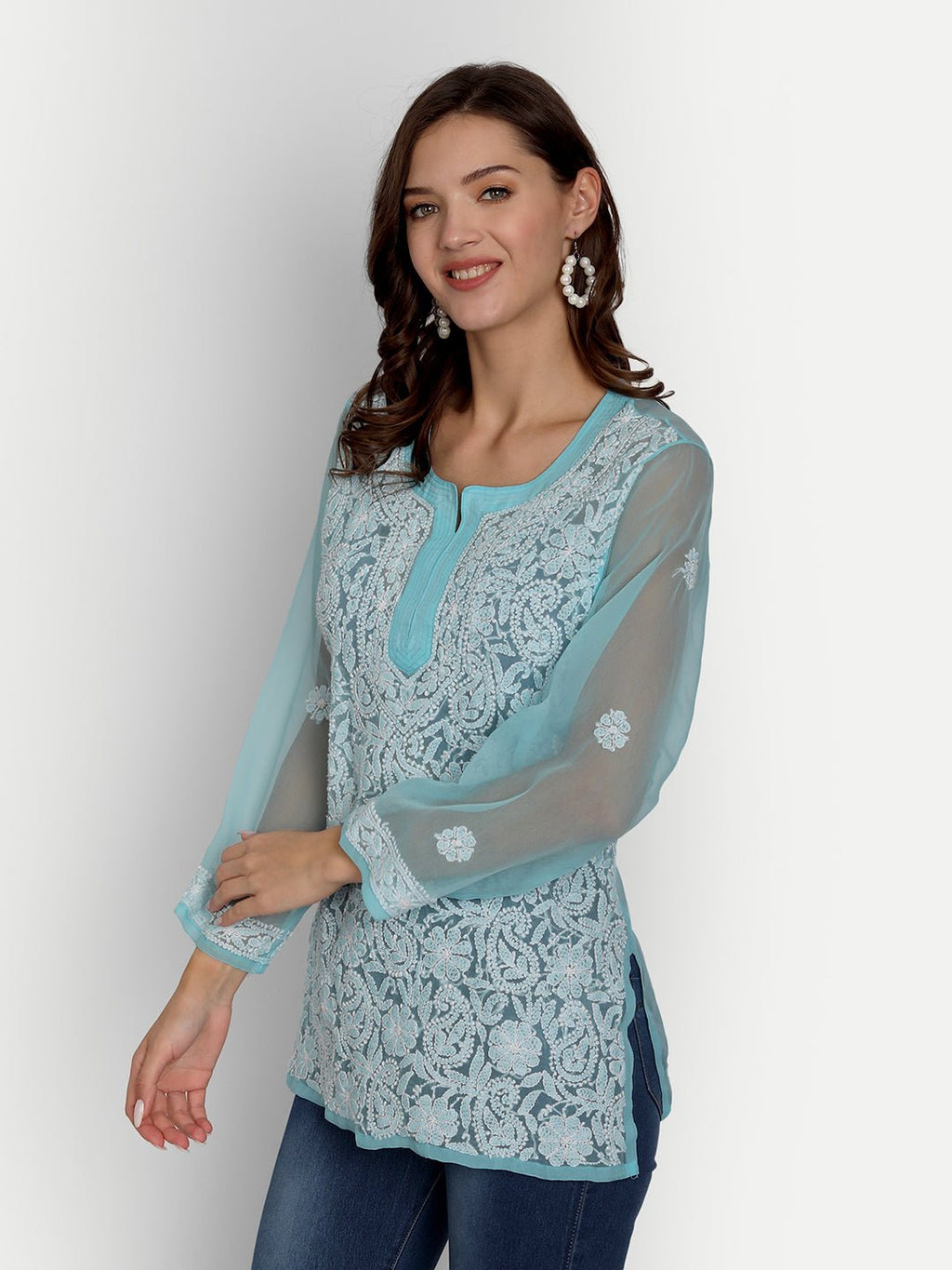 Lucknow Chikankari Hand Embroidered Top Georgette - Indiankala4u