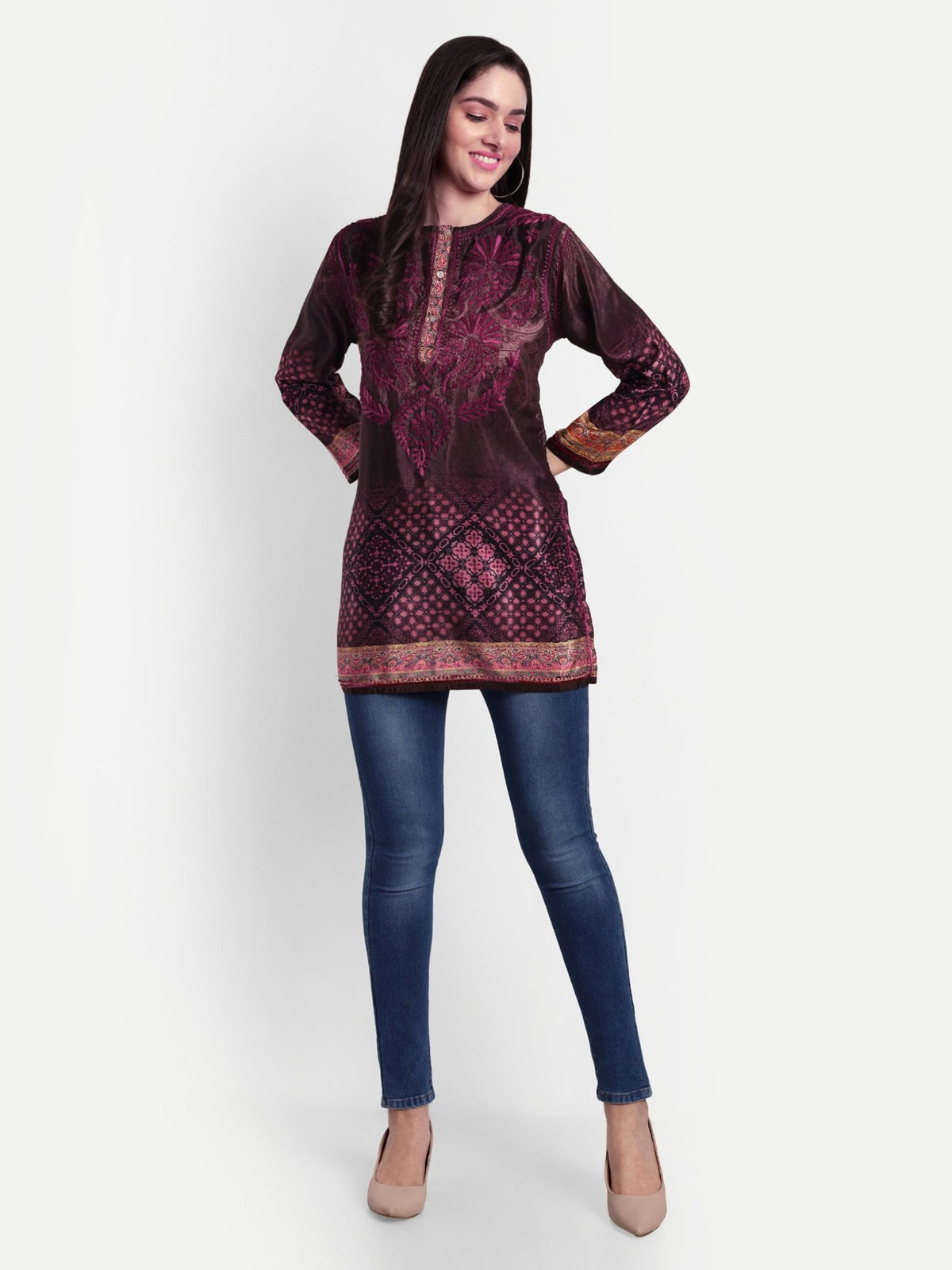 Lucknow Chikankari Hand Embroidered Top Polysilk - Indiankala4u