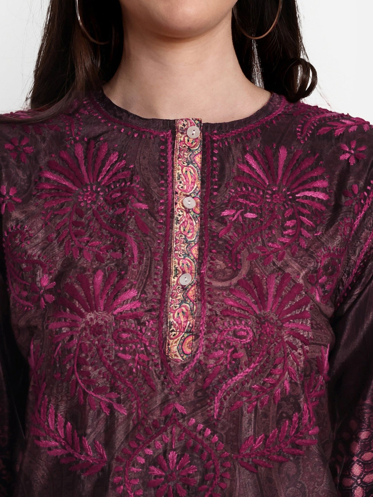 Lucknow Chikankari Hand Embroidered Top Polysilk - Indiankala4u