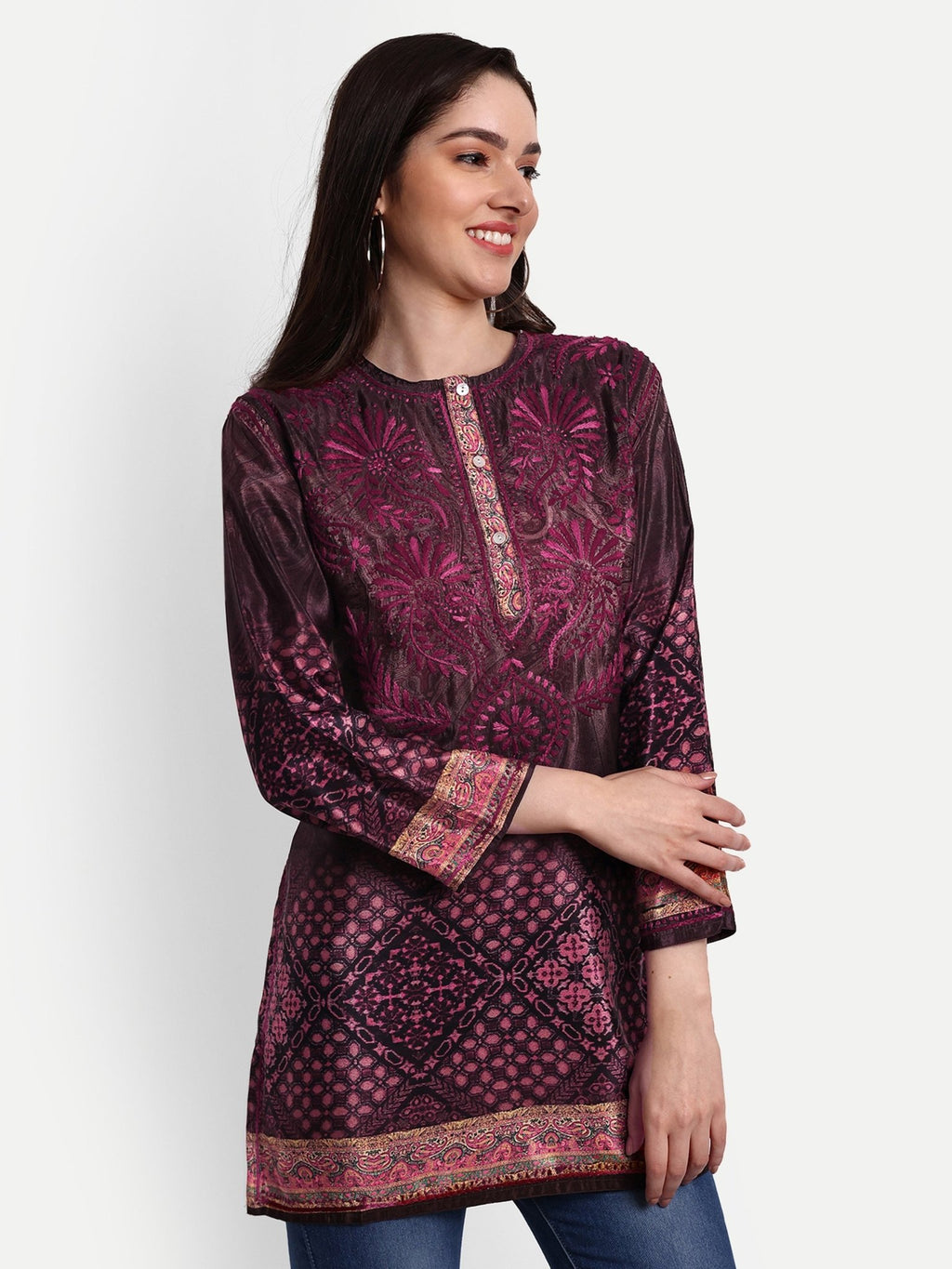 Lucknow Chikankari Hand Embroidered Top Polysilk - Indiankala4u