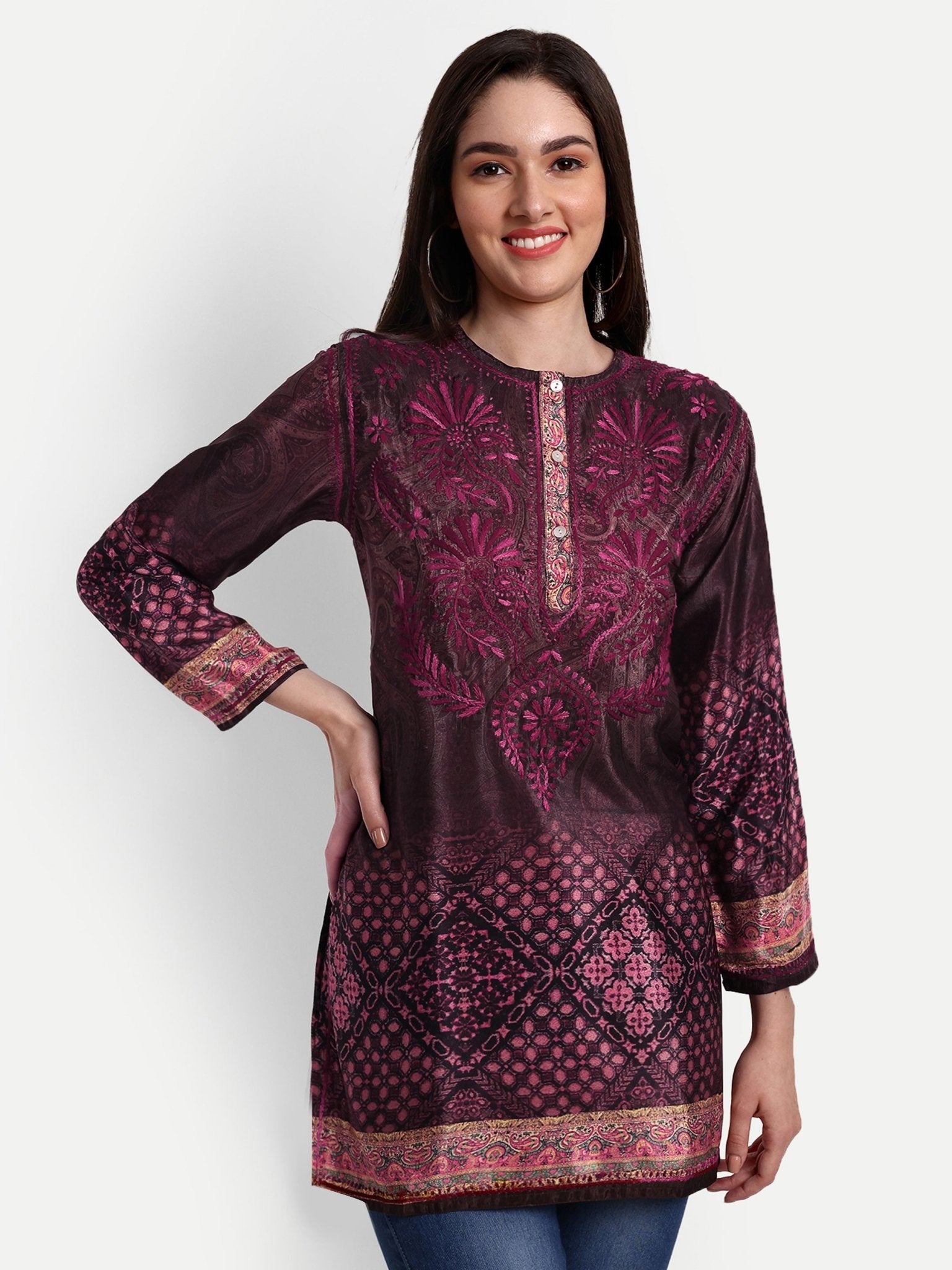 Lucknow Chikankari Hand Embroidered Top Polysilk - Indiankala4u