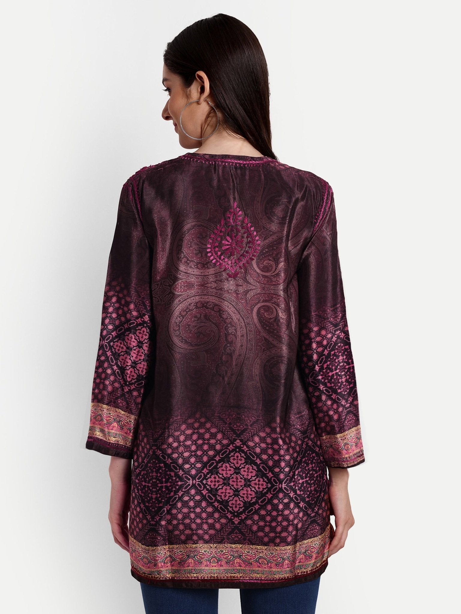 Lucknow Chikankari Hand Embroidered Top Polysilk - Indiankala4u