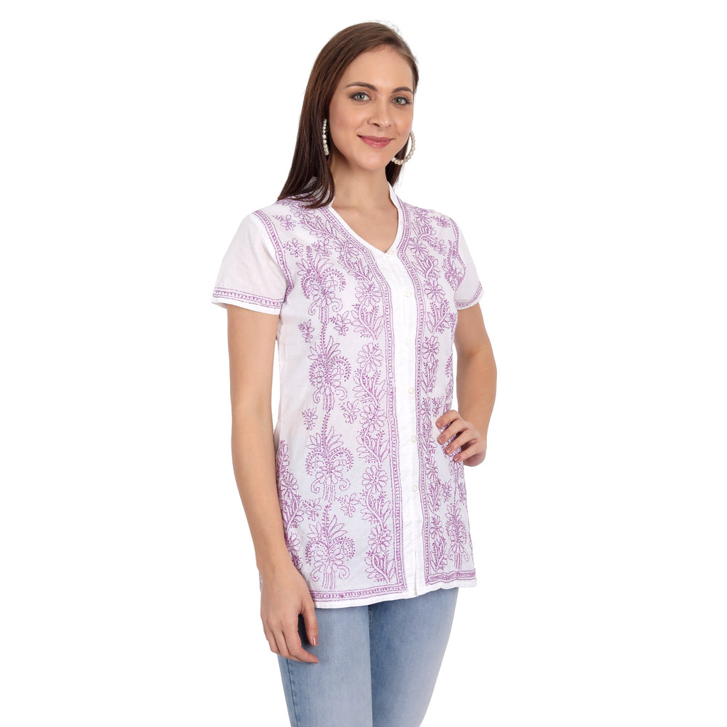 Lucknow Chikankari Hand Embroidered Top White - Indiankala4u