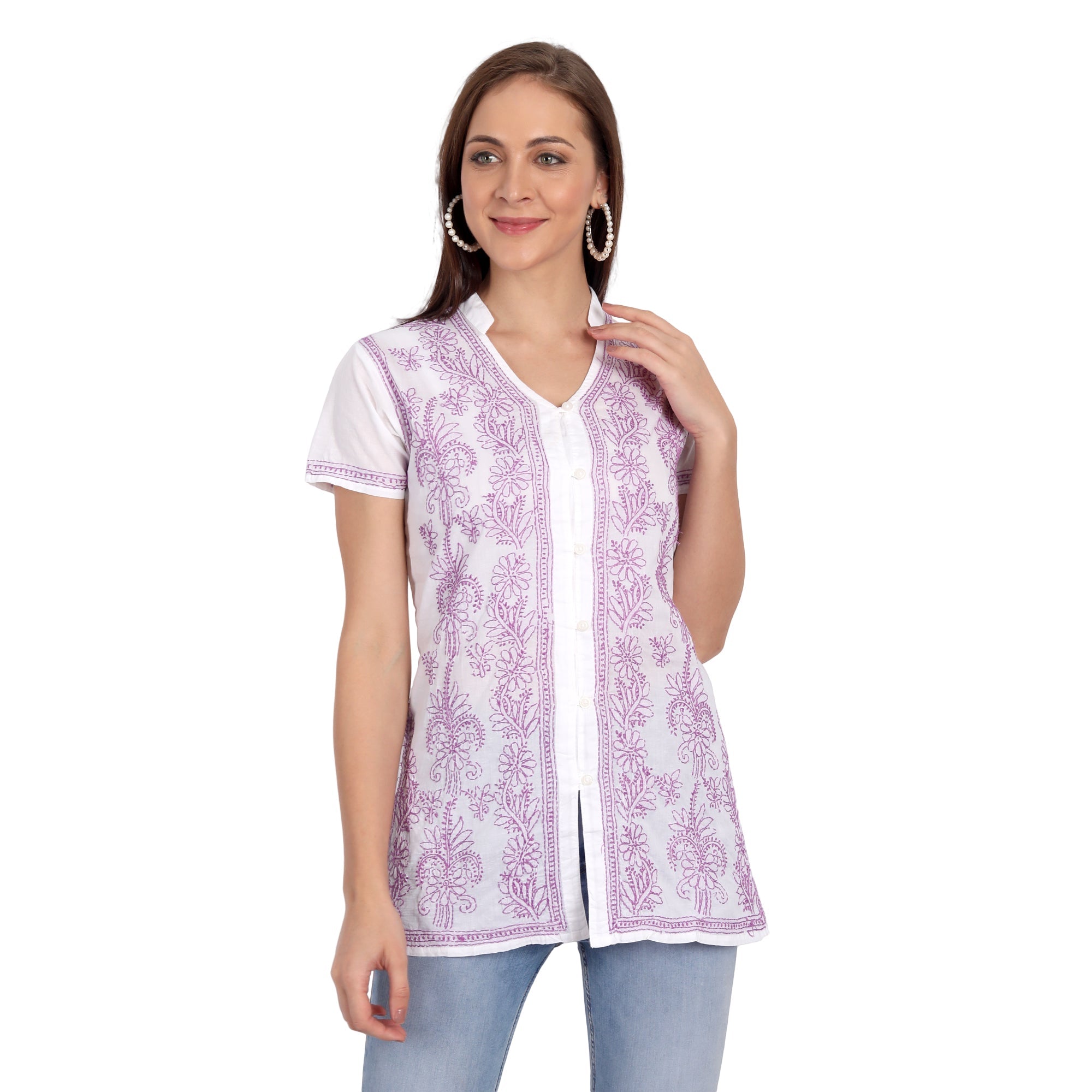 Lucknow Chikankari Hand Embroidered Top White - Indiankala4u