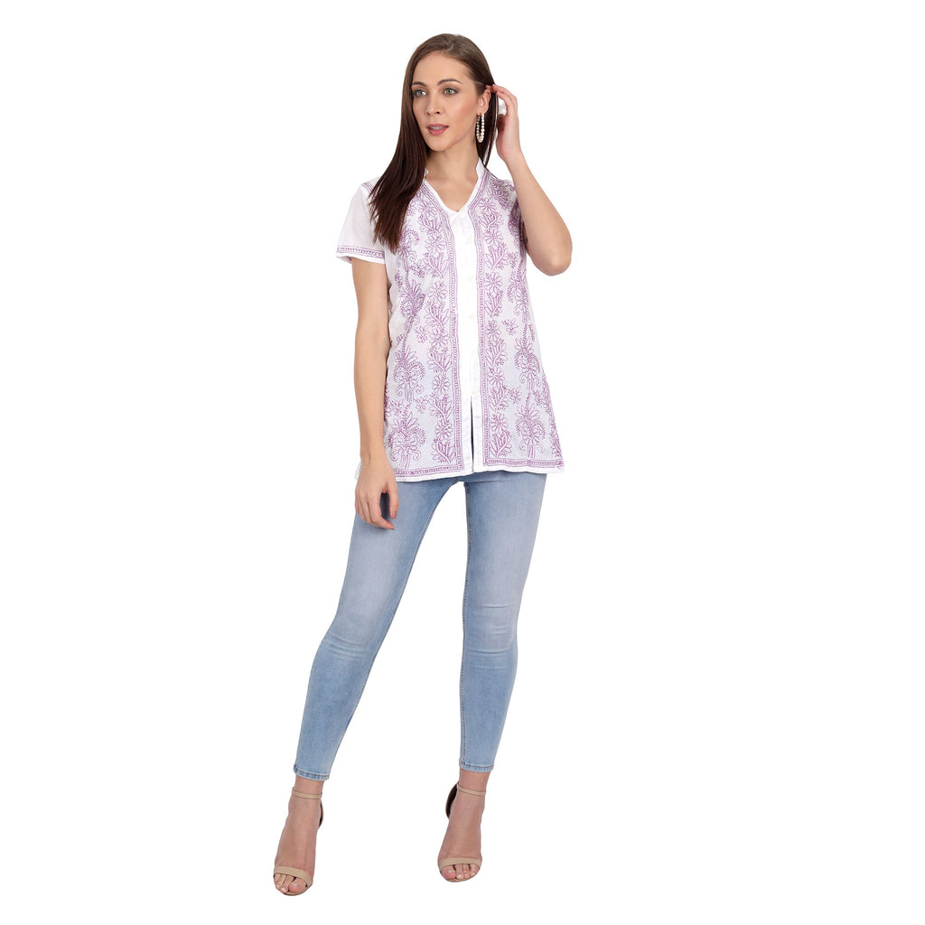 Lucknow Chikankari Hand Embroidered Top White - Indiankala4u