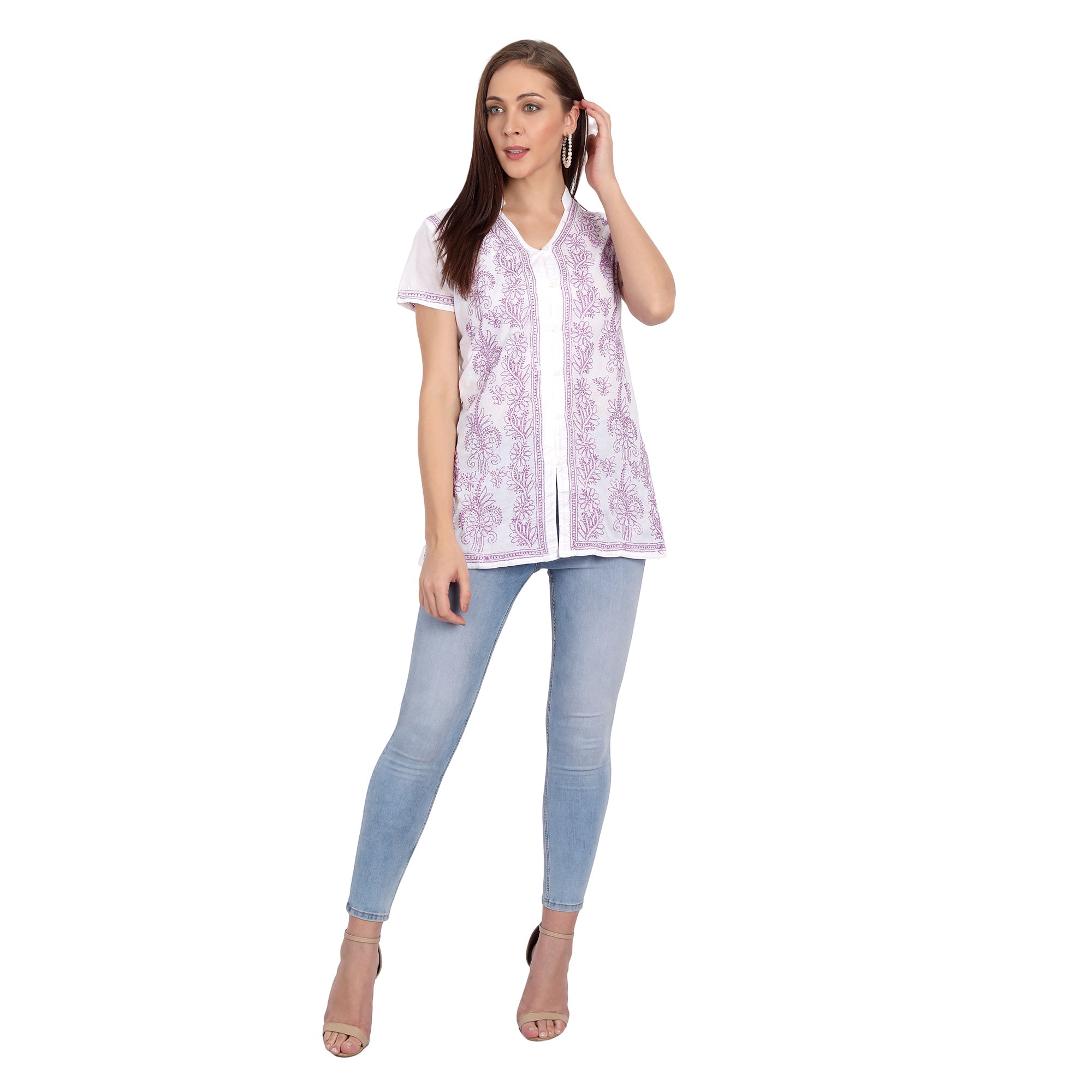 Lucknow Chikankari Hand Embroidered Top White - Indiankala4u