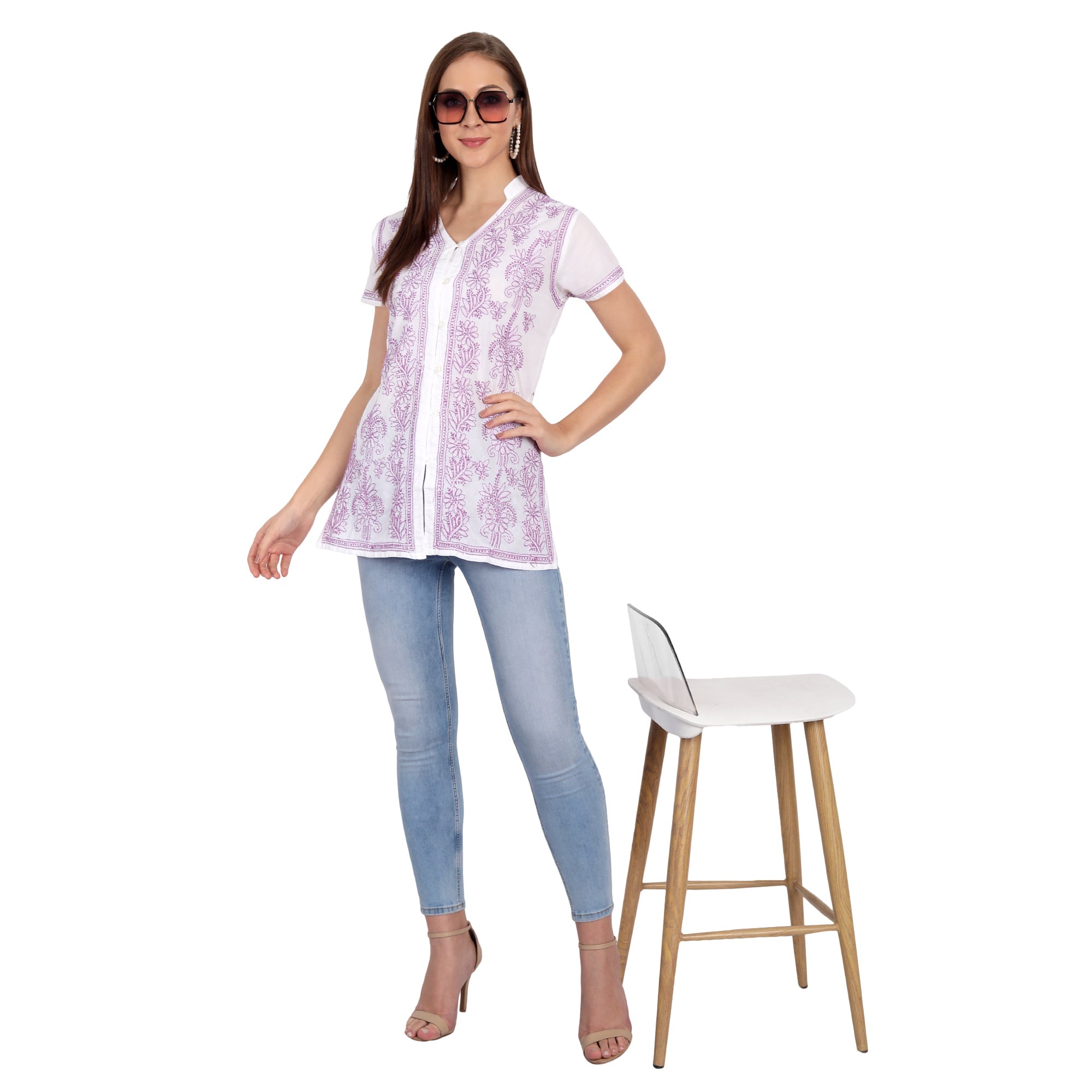 Lucknow Chikankari Hand Embroidered Top White - Indiankala4u