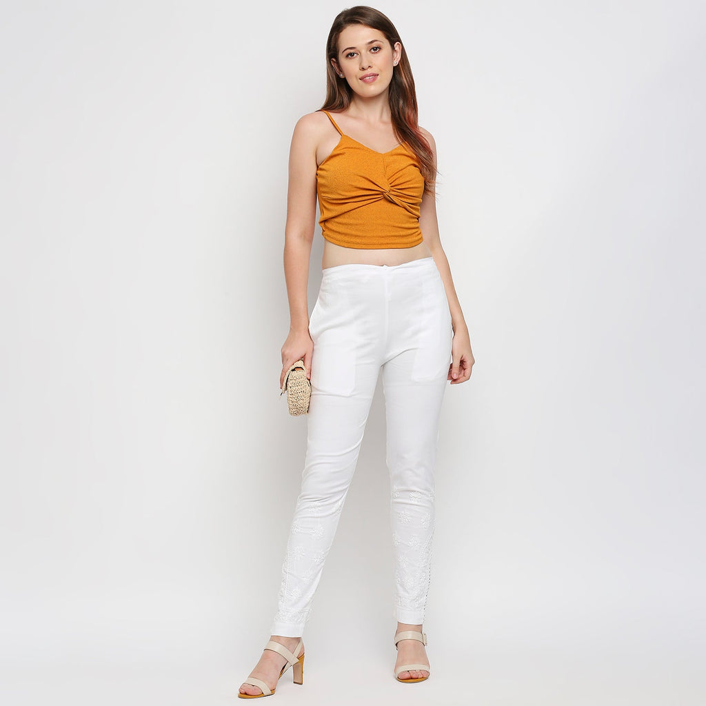 Lucknow chikankari Lycra Cotton Cigarette Pants White - Indiankala4u