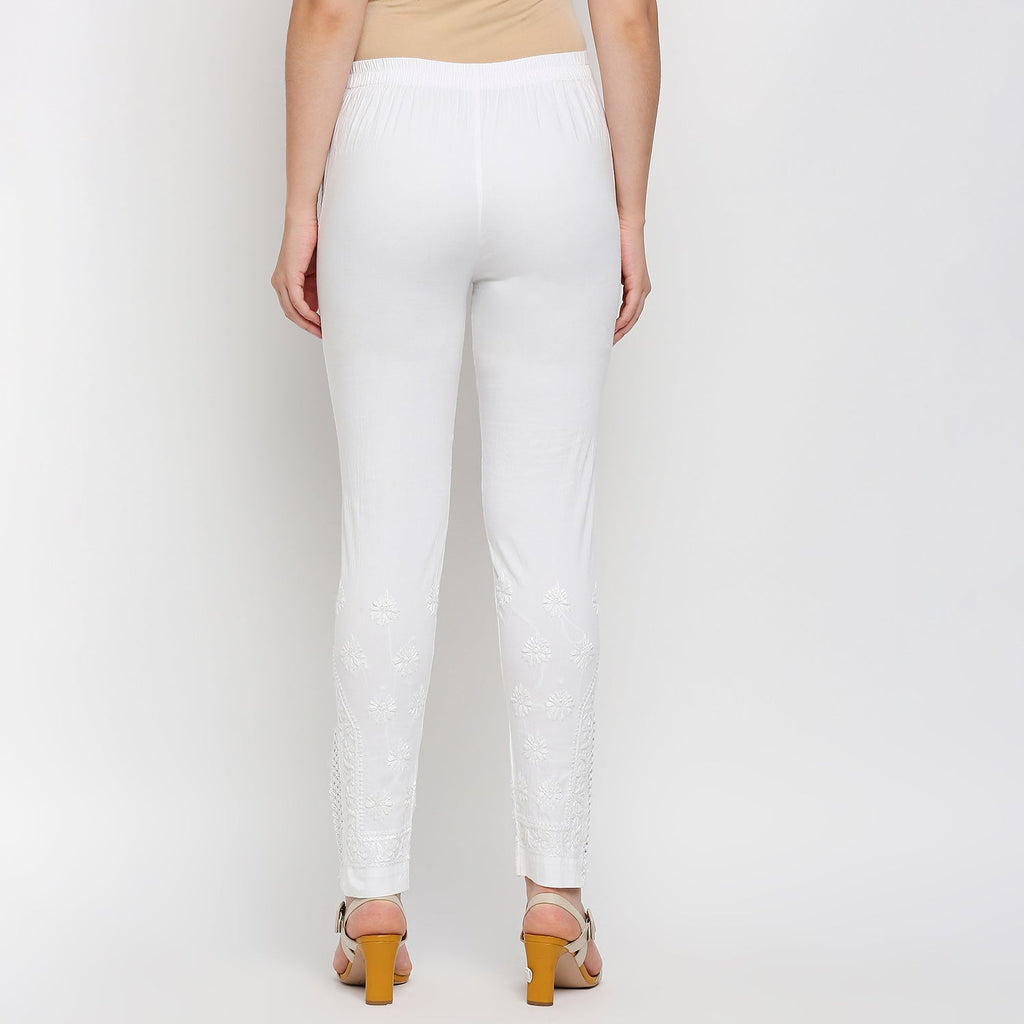 Lucknow chikankari Lycra Cotton Cigarette Pants White - Indiankala4u