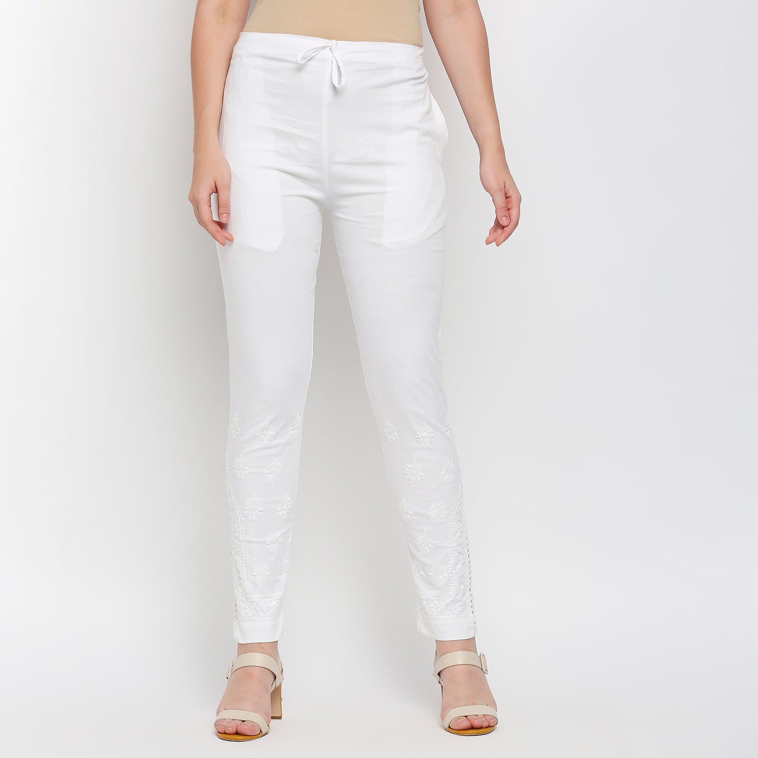Lucknow chikankari Lycra Cotton Cigarette Pants White - Indiankala4u