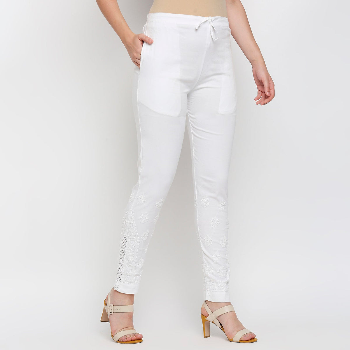 Lucknow chikankari Lycra Cotton Cigarette Pants White - Indiankala4u