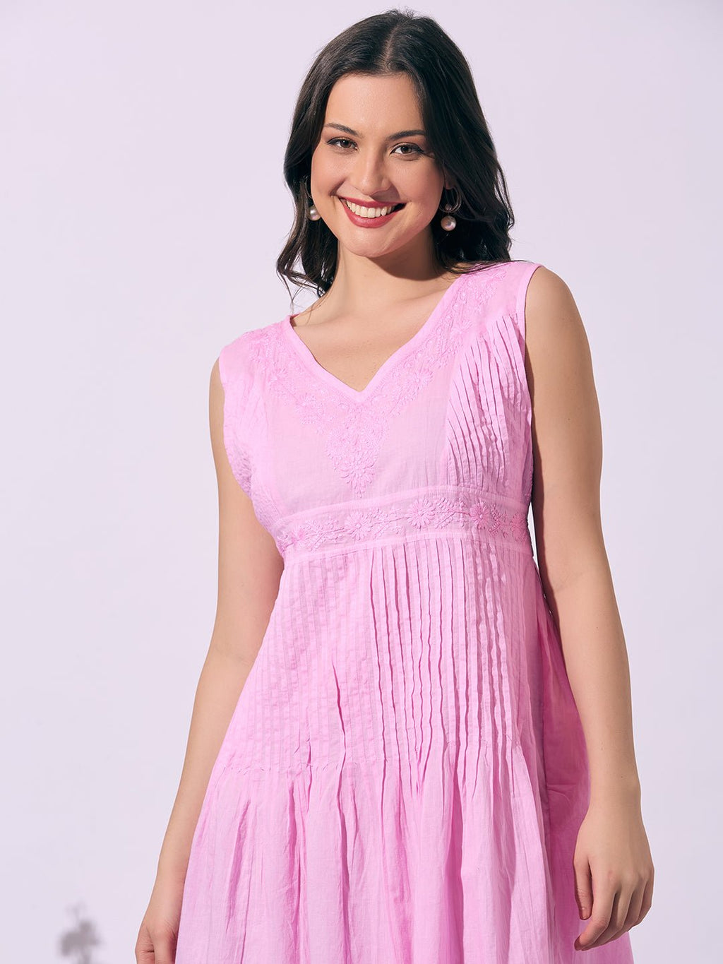 Pink Hand - Embroidered Chikankari Cotton Sleeveless Dress - Indiankala4u