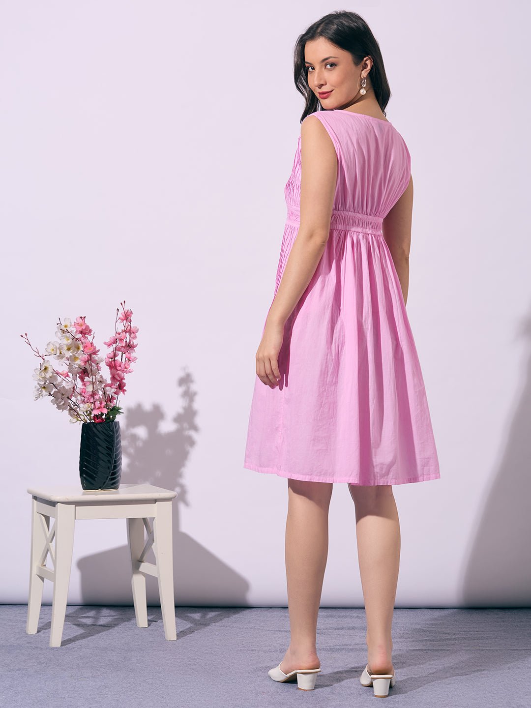 Pink Hand - Embroidered Chikankari Cotton Sleeveless Dress - Indiankala4u