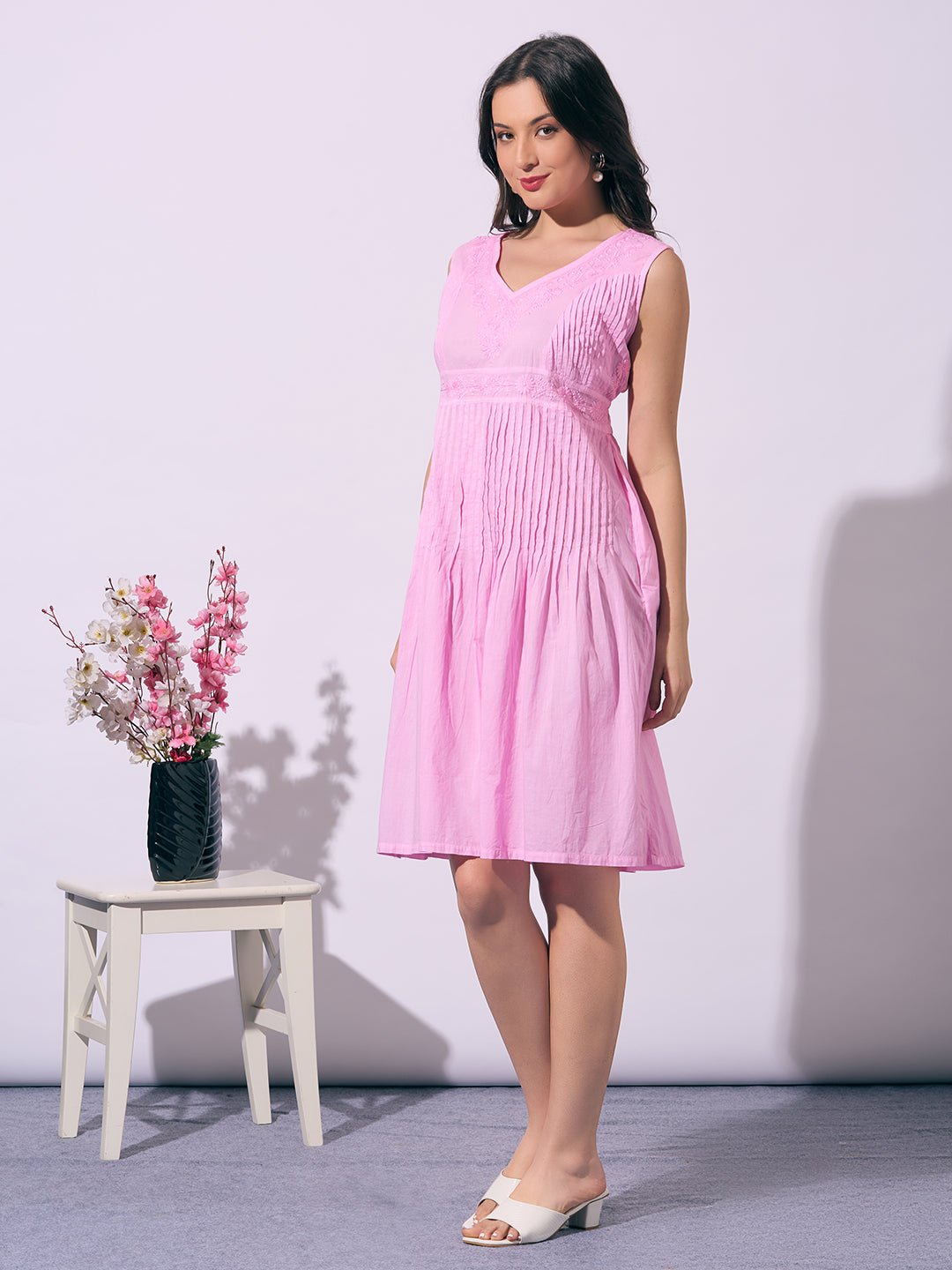 Pink Hand - Embroidered Chikankari Cotton Sleeveless Dress - Indiankala4u