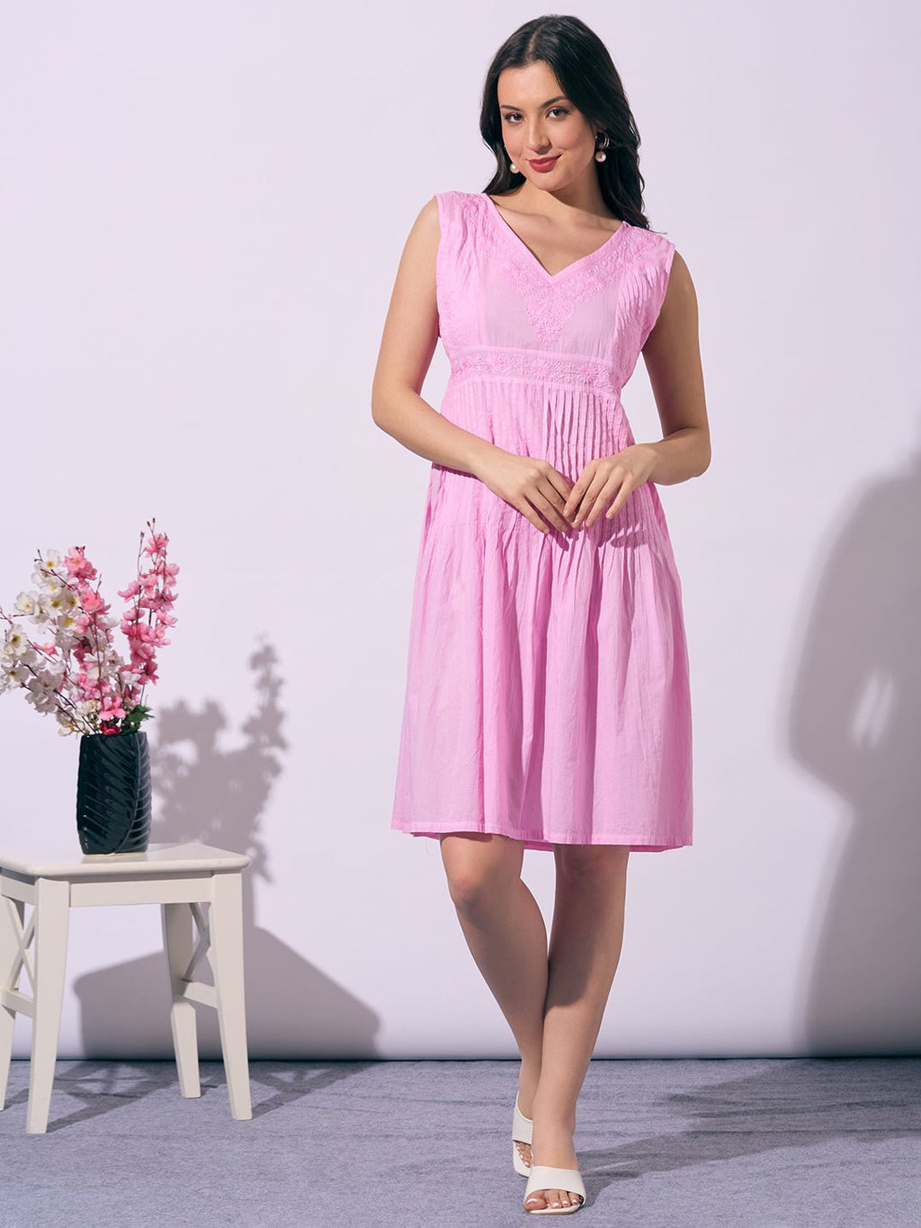 Pink Hand - Embroidered Chikankari Cotton Sleeveless Dress - Indiankala4u