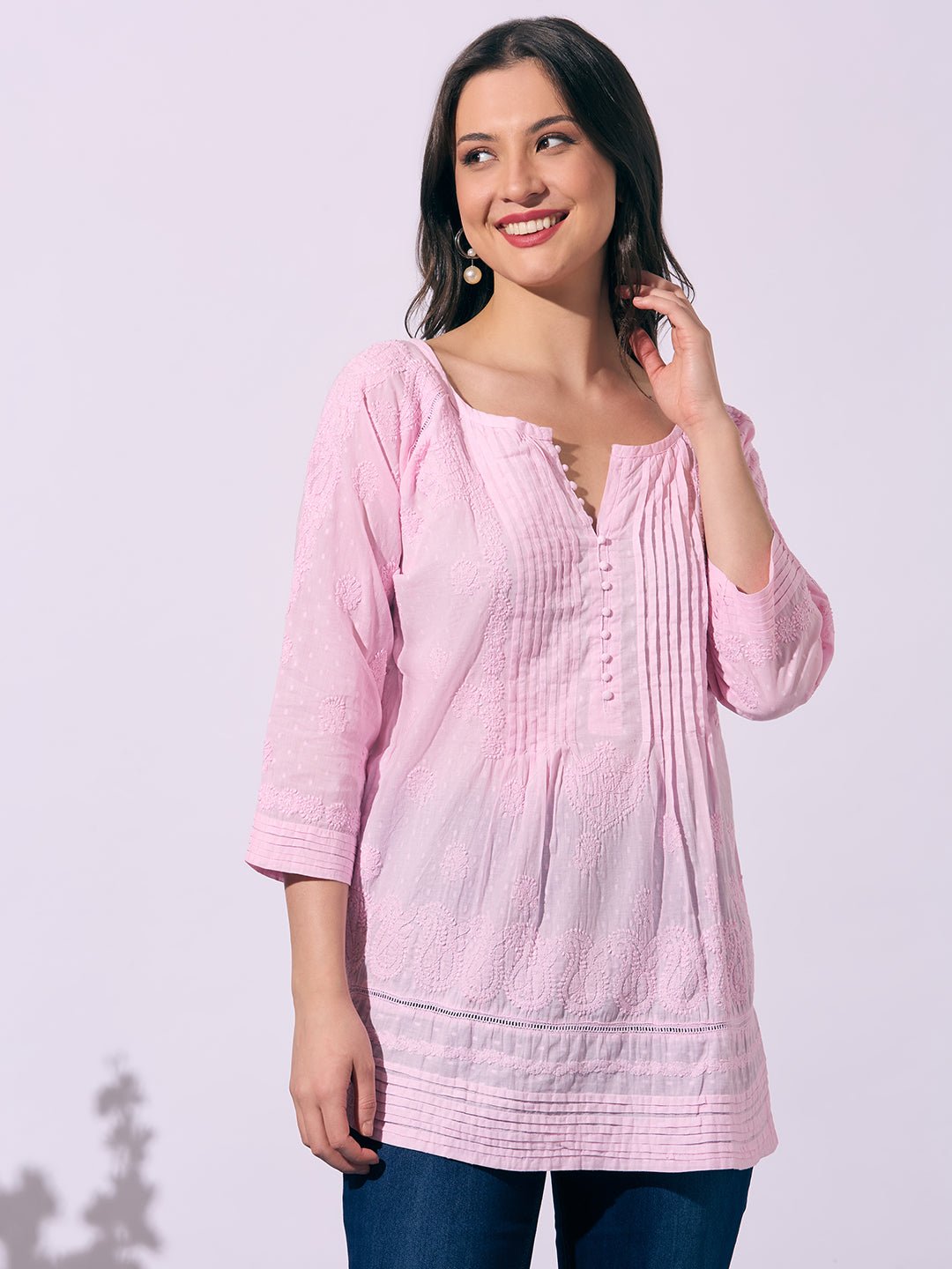 Pink Hand - Embroidered Chikankari Pure Cotton Top - Indiankala4u