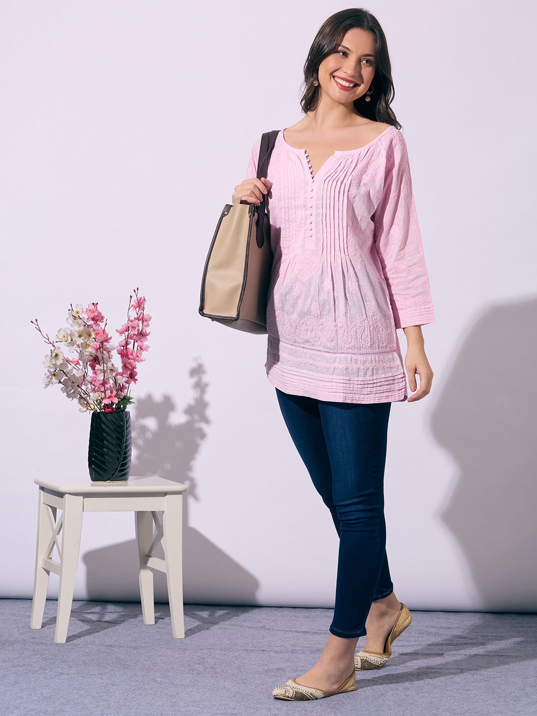 Pink Hand - Embroidered Chikankari Pure Cotton Top - Indiankala4u