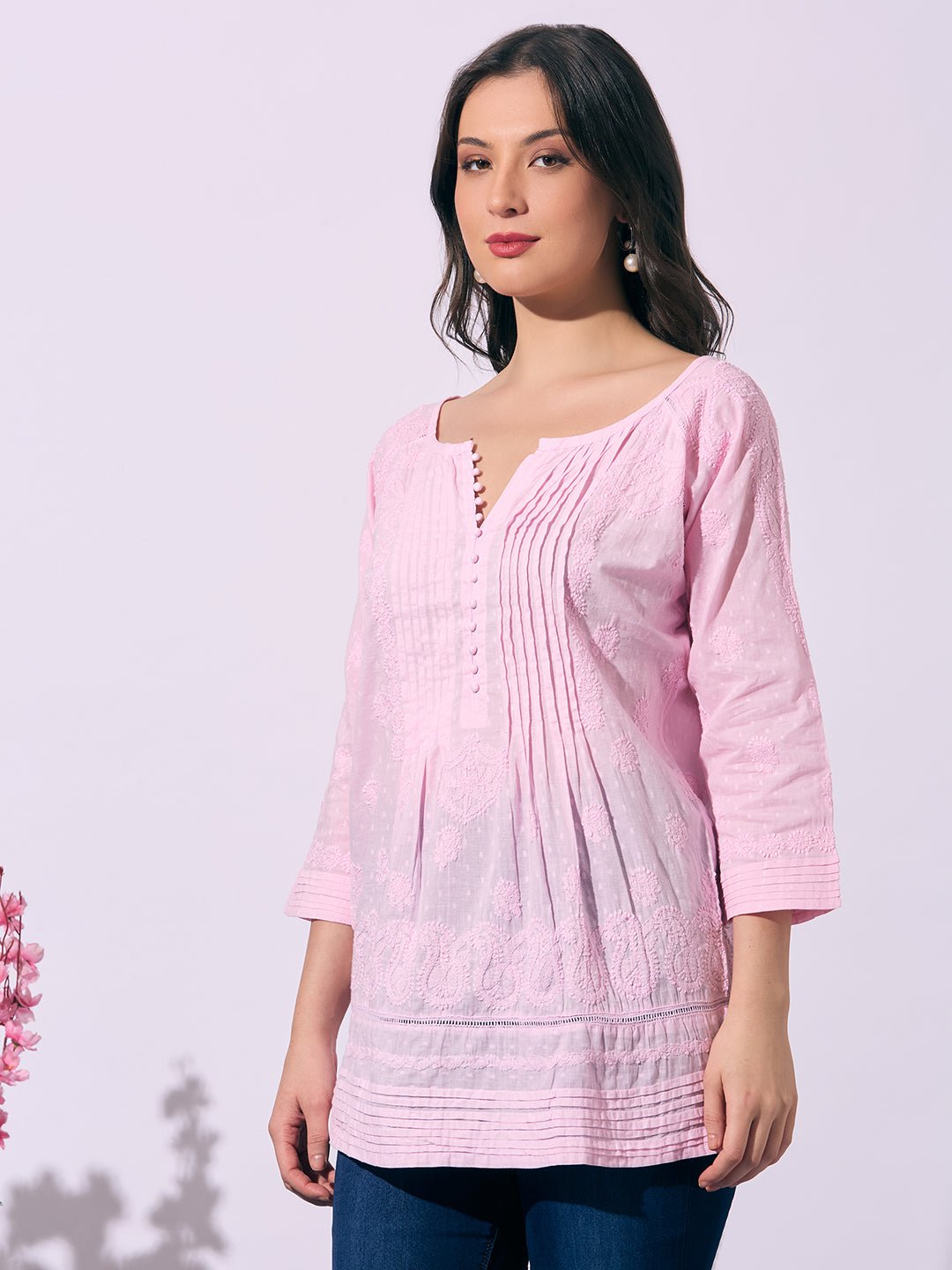 Pink Hand - Embroidered Chikankari Pure Cotton Top - Indiankala4u