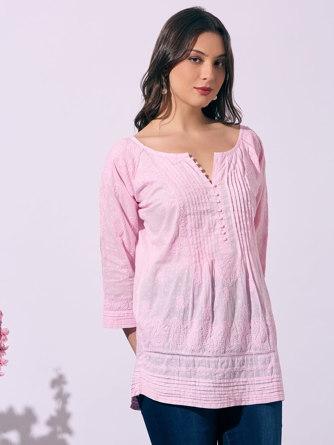 Pink Hand - Embroidered Chikankari Pure Cotton Top - Indiankala4u