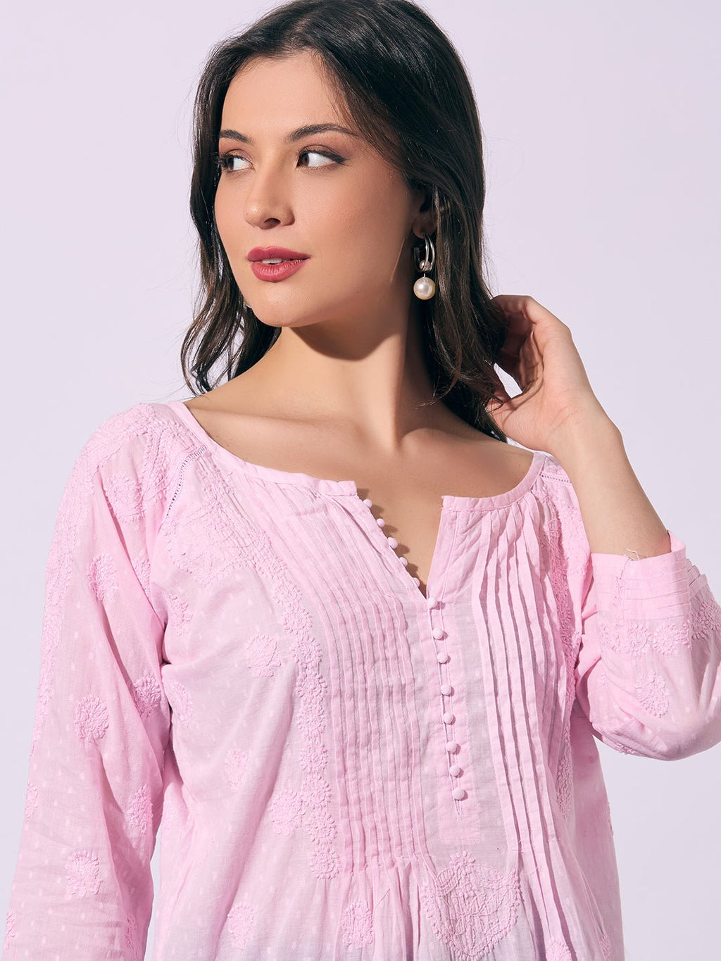 Pink Hand - Embroidered Chikankari Pure Cotton Top - Indiankala4u