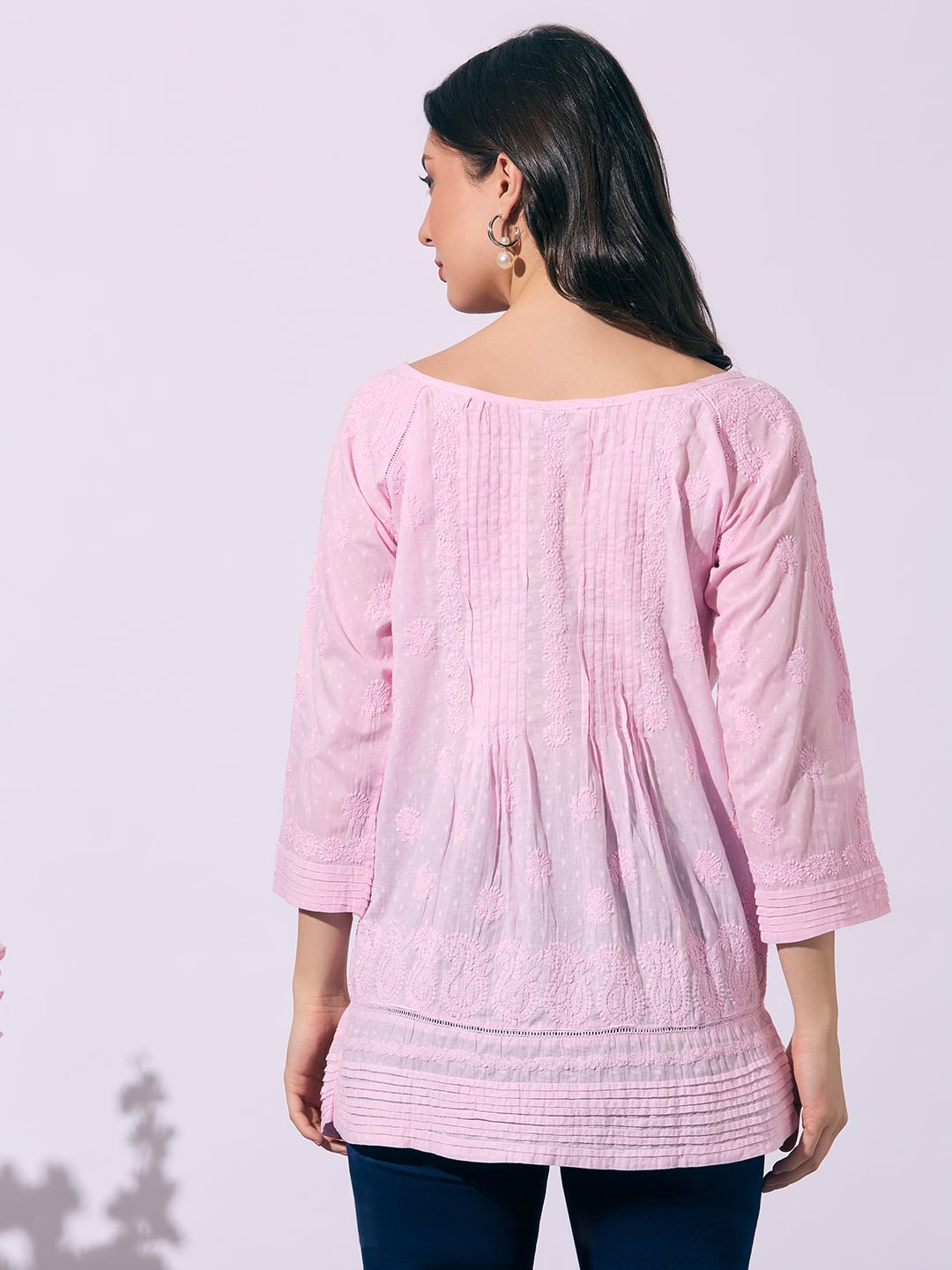 Pink Hand - Embroidered Chikankari Pure Cotton Top - Indiankala4u