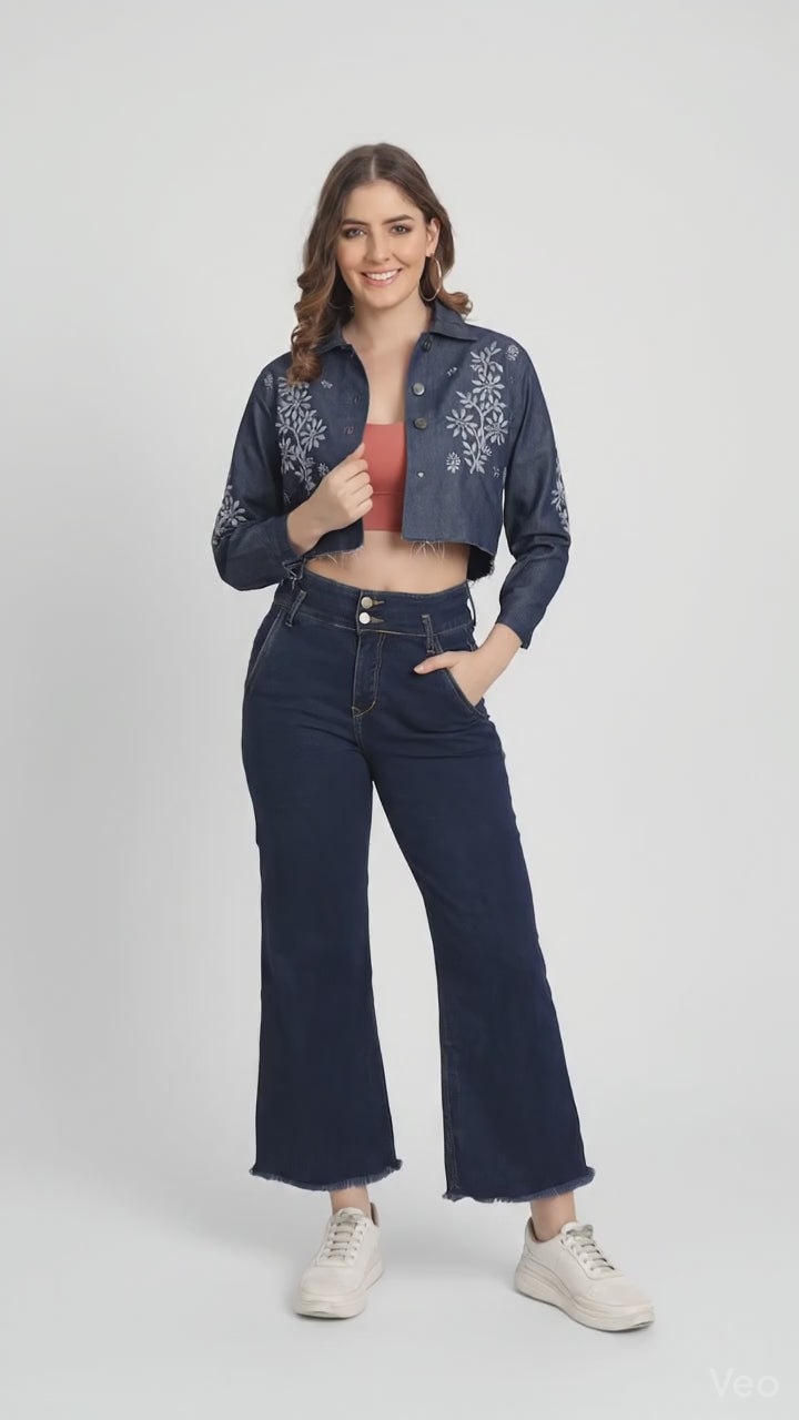 Lucknow Chikankari Hand Embroidered Crop top Denim Jacket