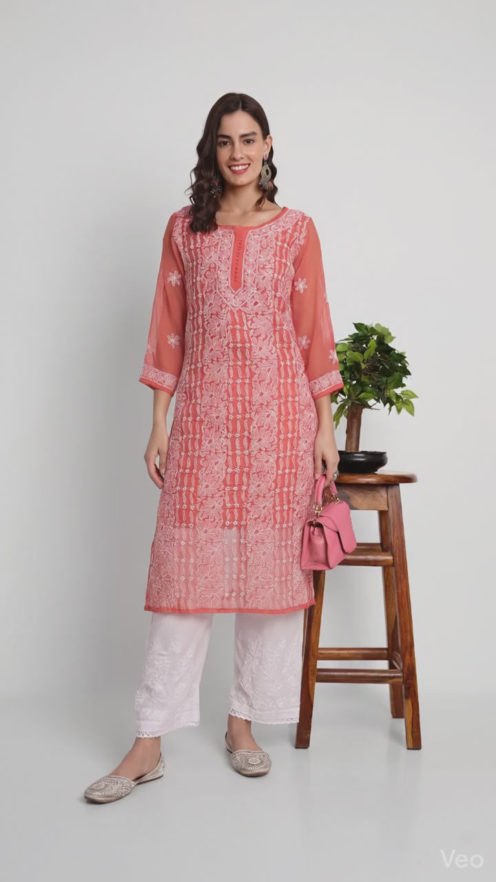 Lucknow Chikankari Hand Embroidered Kurta with Matching Inner, Georgette