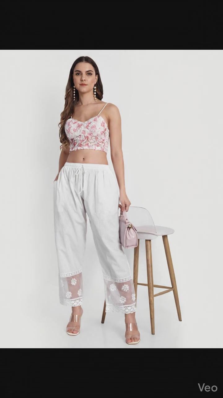 Indiankala4u Hand Embroidered Chikankari Palazzo Pants Salwar for Women Pure Cotton White