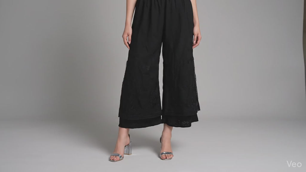 Chikankari Hand Embroidered Layered Palazzo Cotton Black