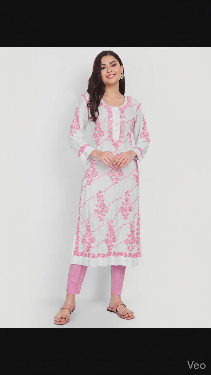 Lucknow Chikankari Hand Embroidered Long kurta  Modal Cotton