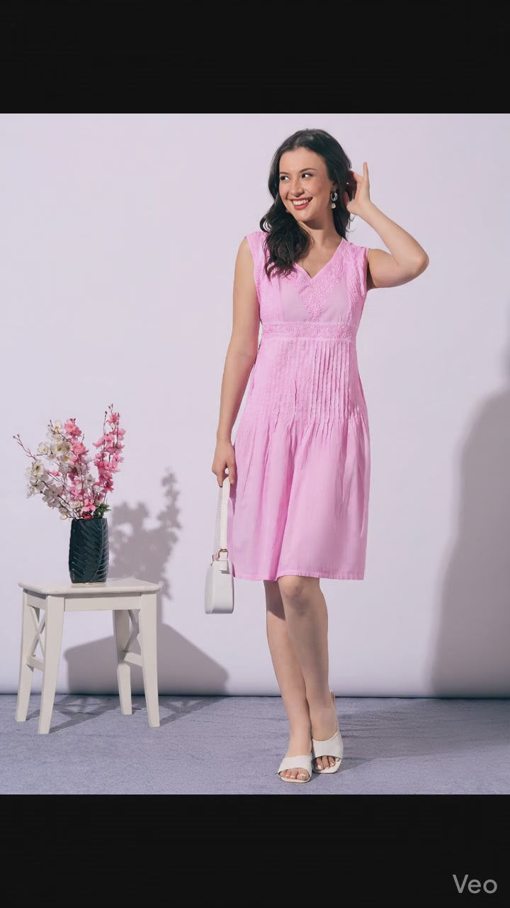 Hand-Embroidered Chikankari Cotton Sleeveless Dress Pink